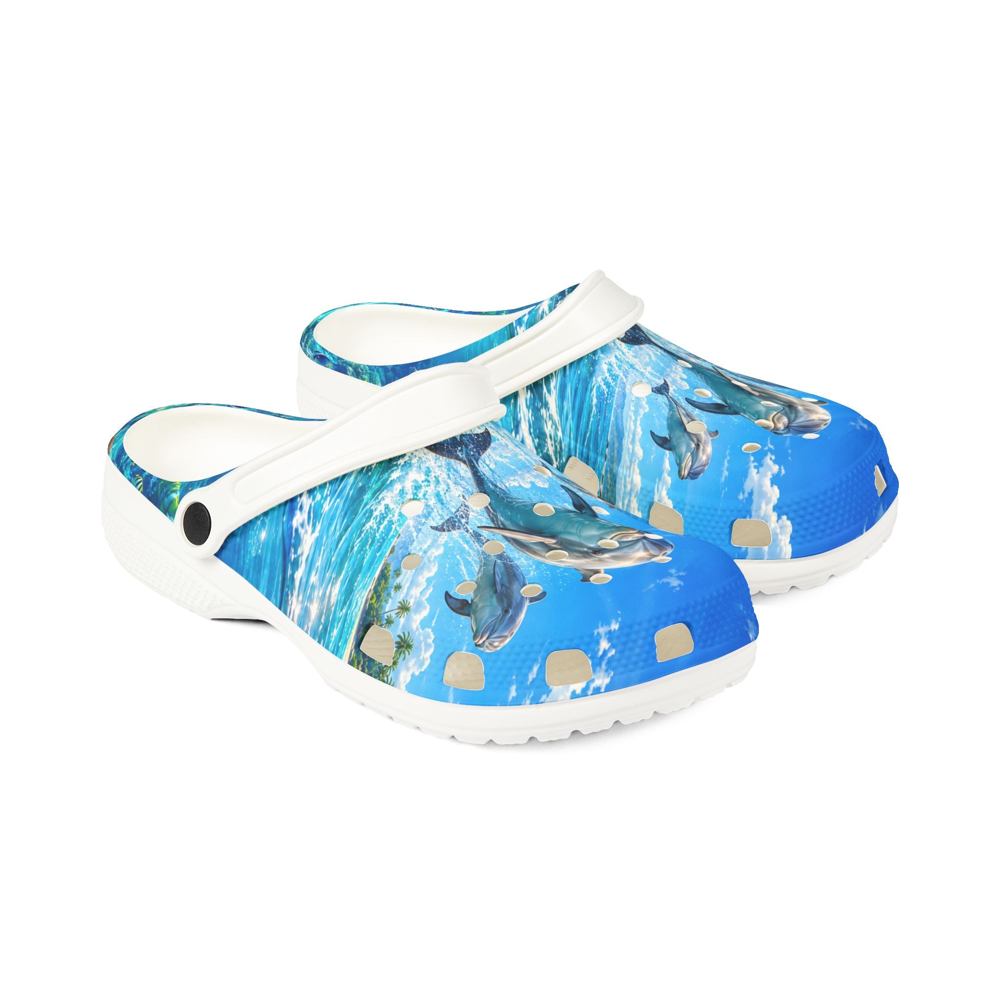 Dolphin Splash EVA Foam Clogs — Watercolor Ocean Beach Slip-Ons