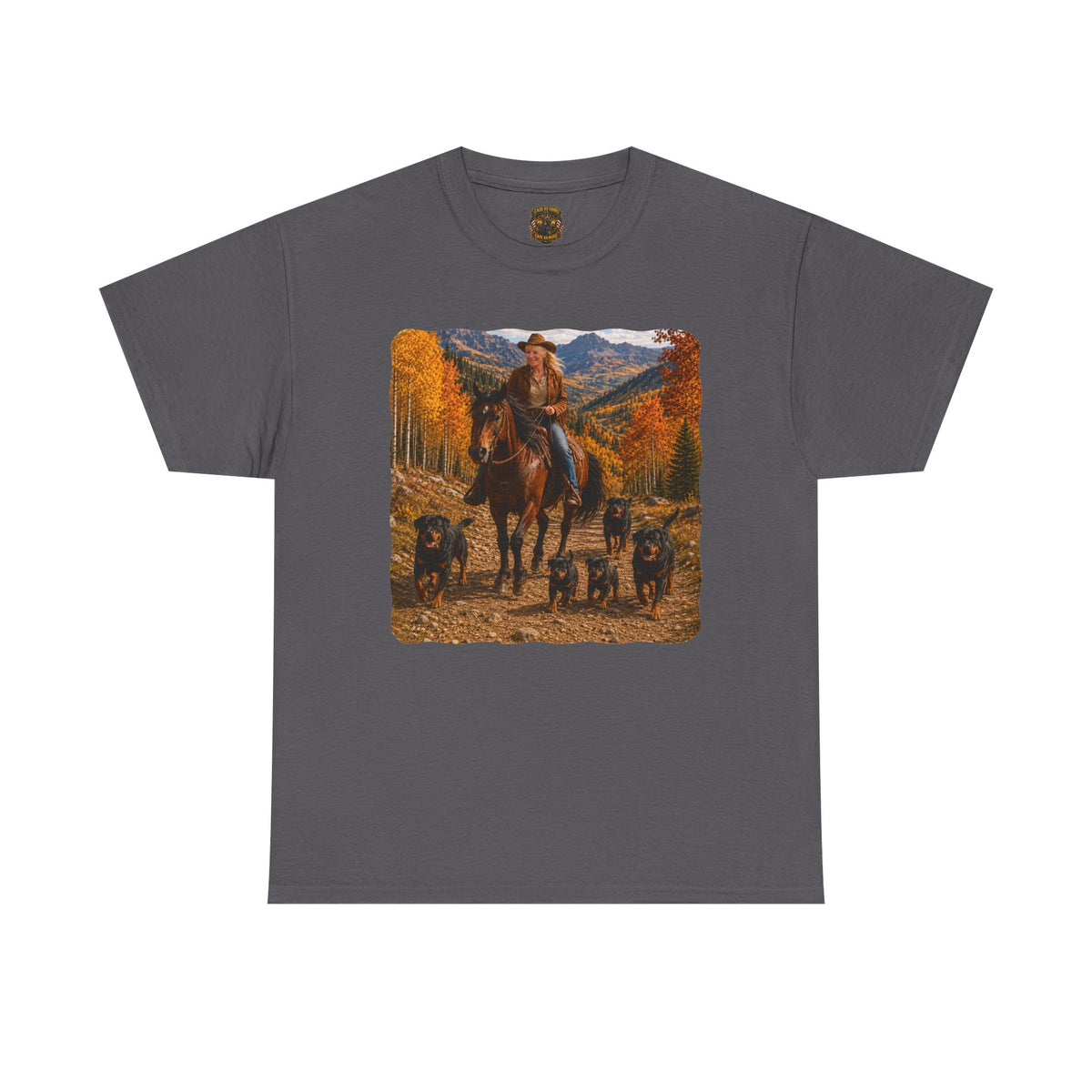 Ruff Riders Cowboy Trail T‑Shirt — Western Rider Scene with Horses & Rottweilers