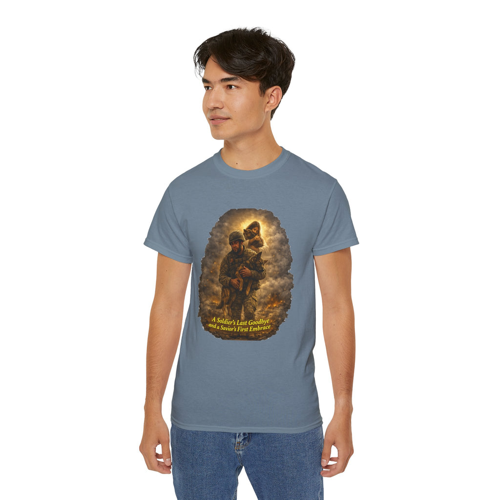 T-Shirt — "A Soldier's Last Goodbye and a Savior's First Embrace" Patriotic Military Tribute