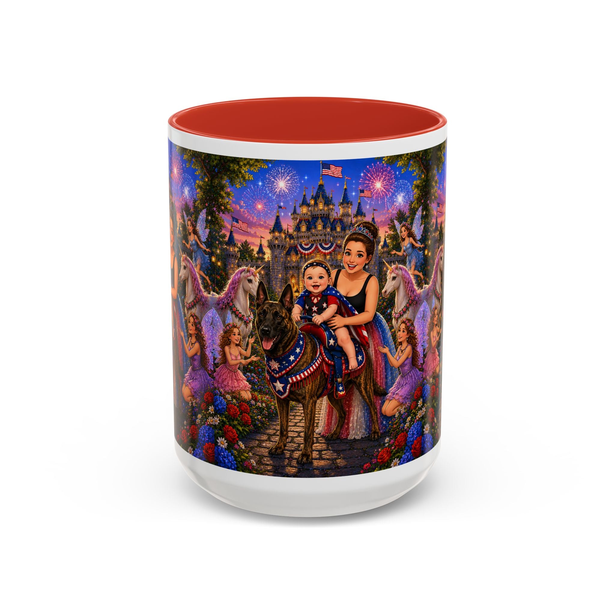Patriotic Fairy Tale Coffee Mug — Family Castle, Fireworks & Unicorns