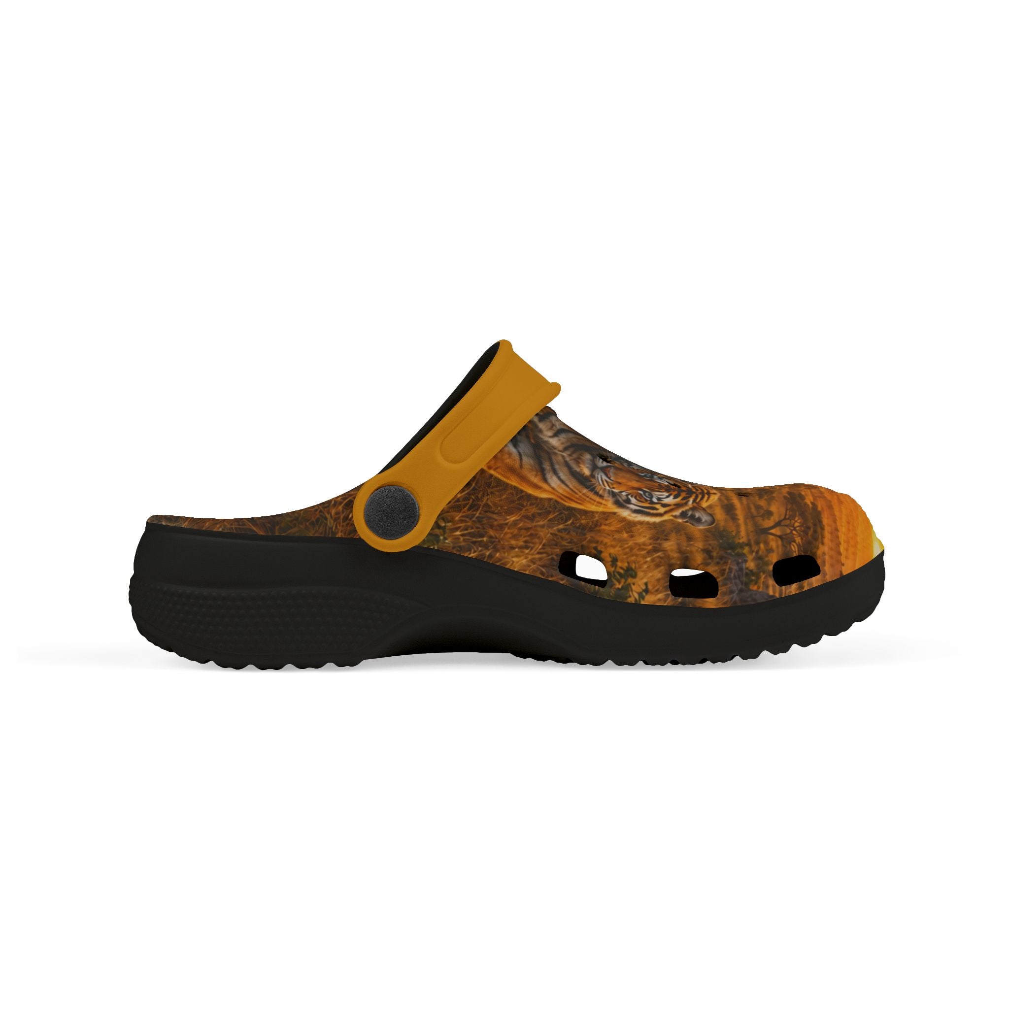 Kids Tiger Print Foam Clogs — Orange Jungle Animal Slip-On Shoes