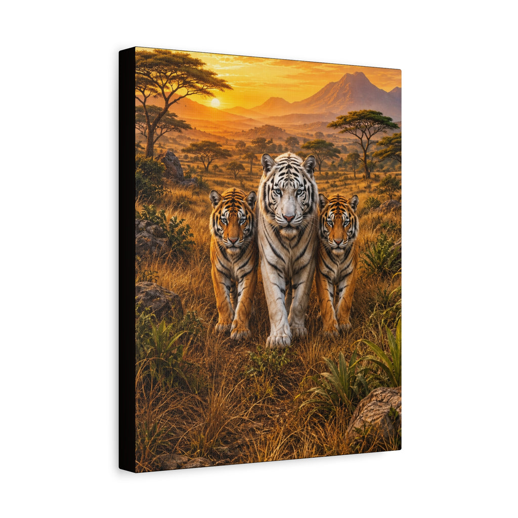 White Tiger Trio Matte Stretched Canvas Wall Art – Jungle Sunset Wildlife Print