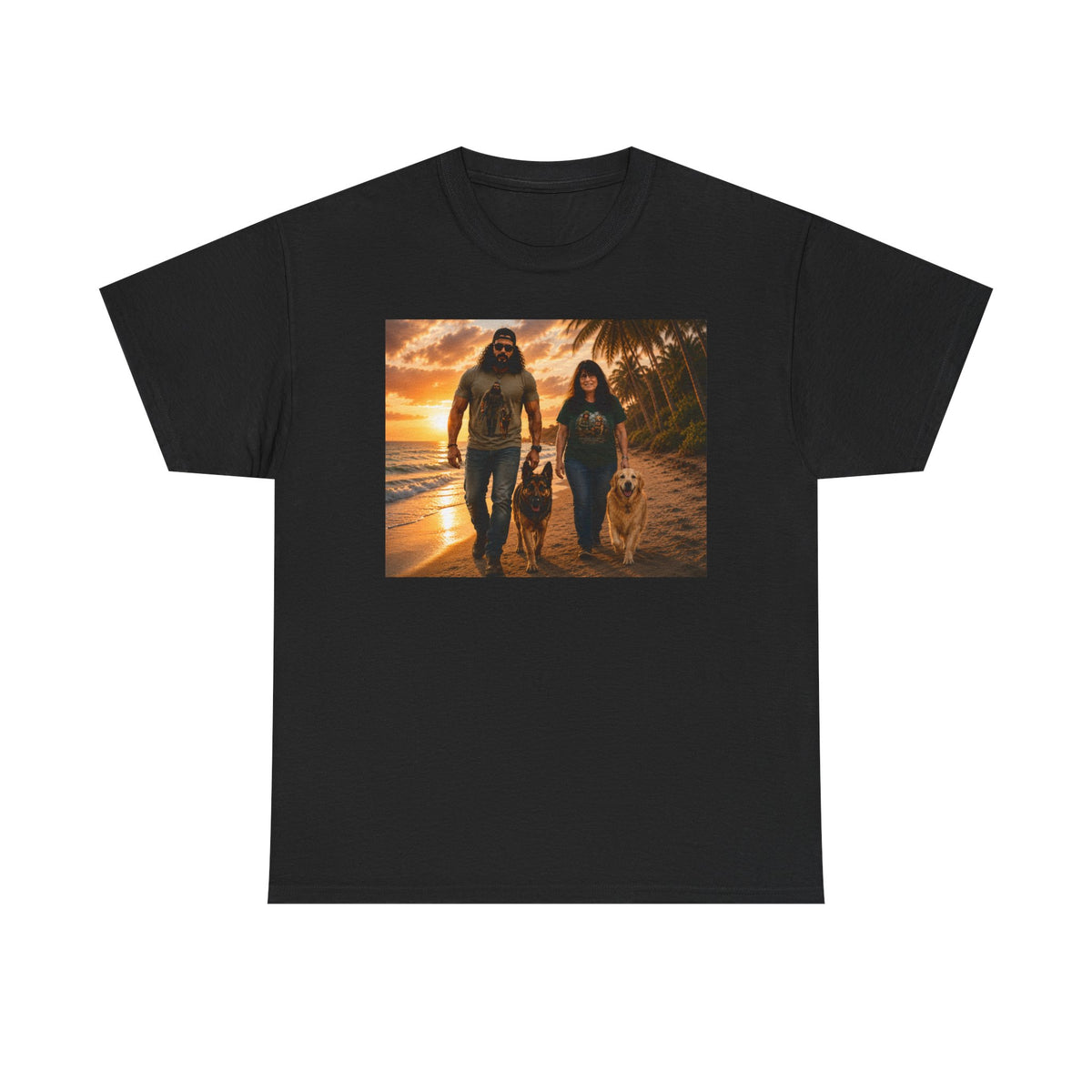 Family Beach Walk Graphic Tee — Couple with Dogs Sunset Shirt