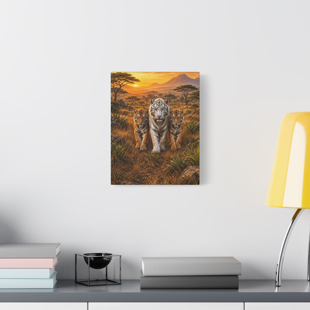 White Tiger Trio Matte Stretched Canvas Wall Art – Jungle Sunset Wildlife Print