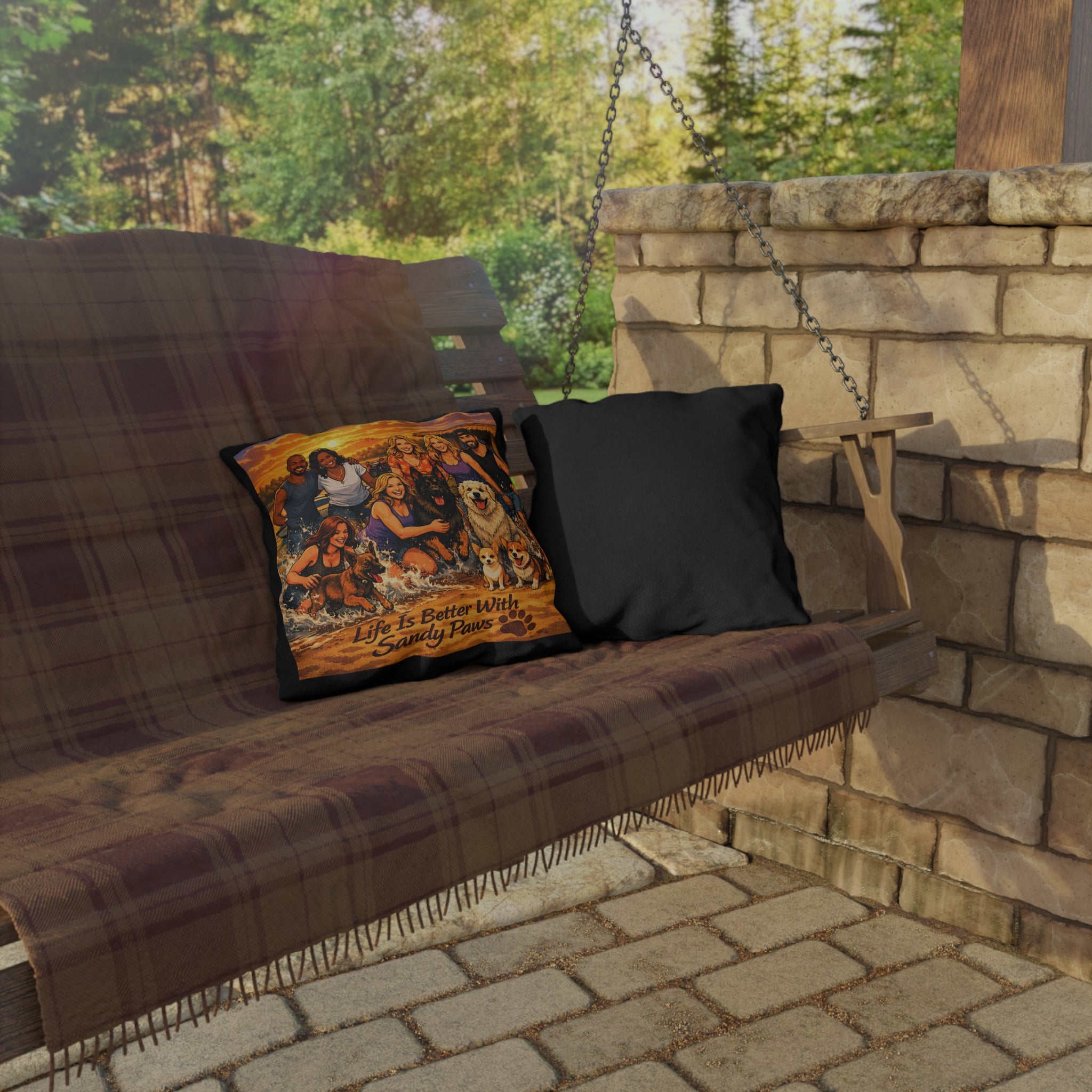 Outdoor Pillow - "Life Is Better With Sandy Paws" Beach Dog Family Decorative Pillow