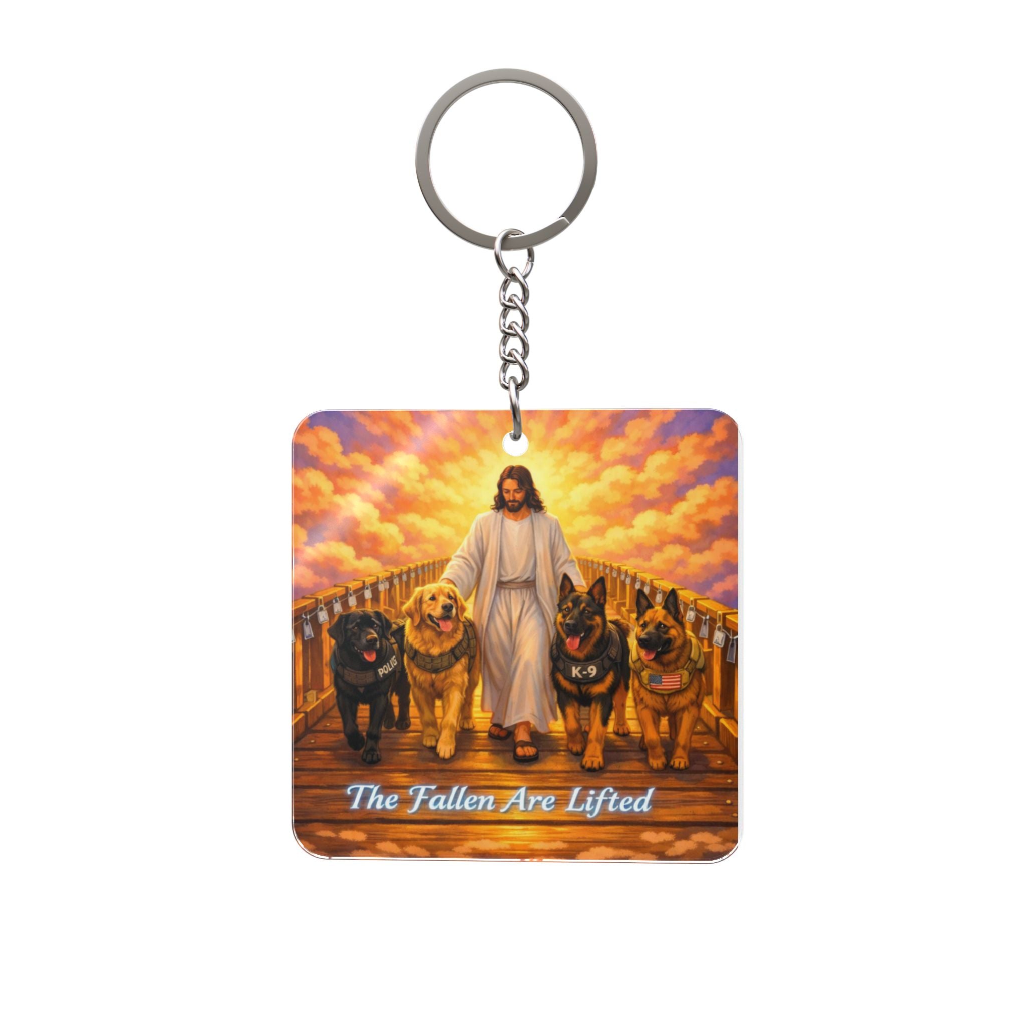 Jesus with Dogs Keychain — "The Fallen Are Lifted" Religious Pet Memorial Keyring
