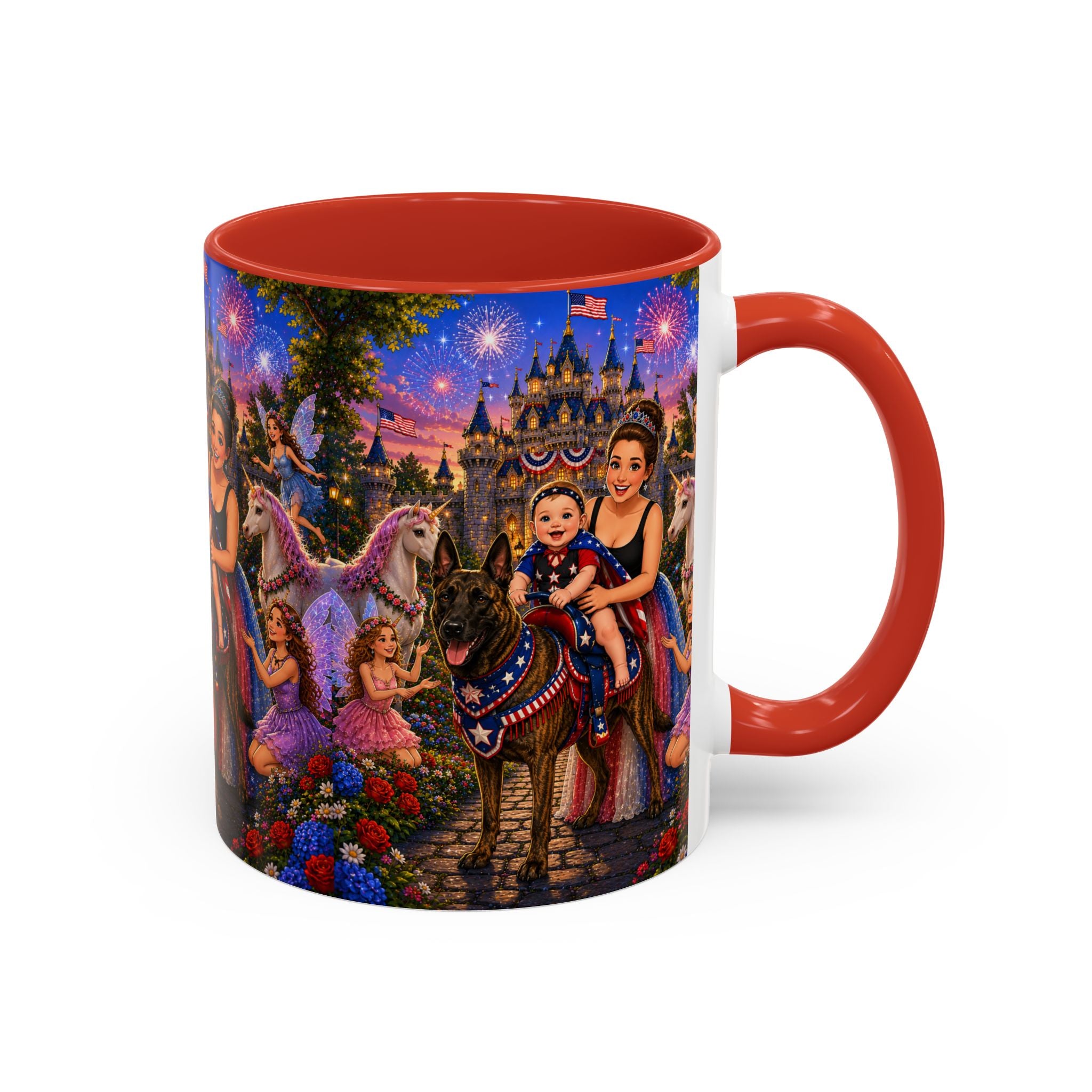 Patriotic Fairy Tale Coffee Mug — Family Castle, Fireworks & Unicorns
