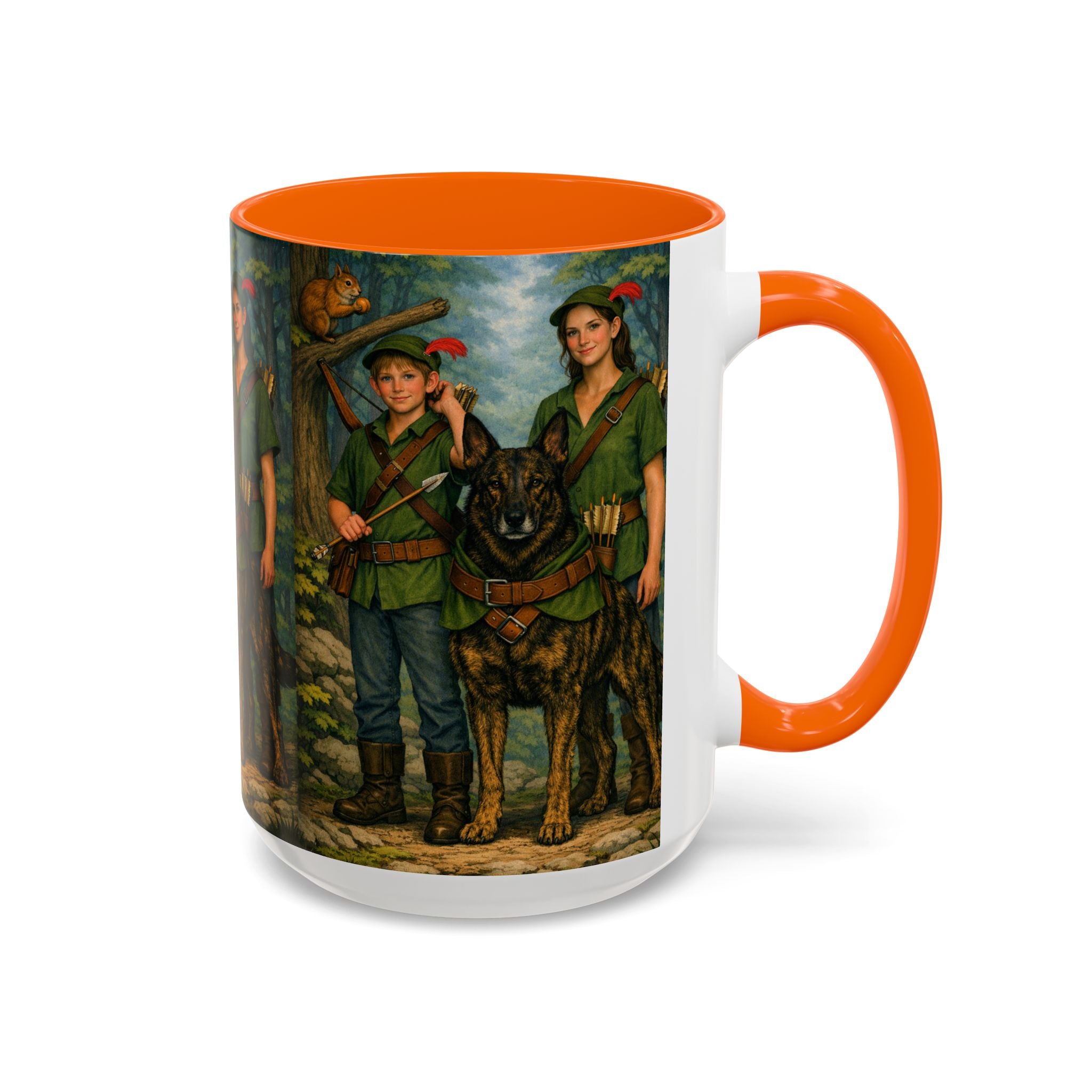 Robin Hood Duo &  Dutch Shepherd Dog Coffee Mug – Fantasy Archer Duo Illustration, Gift for Adventure Fans