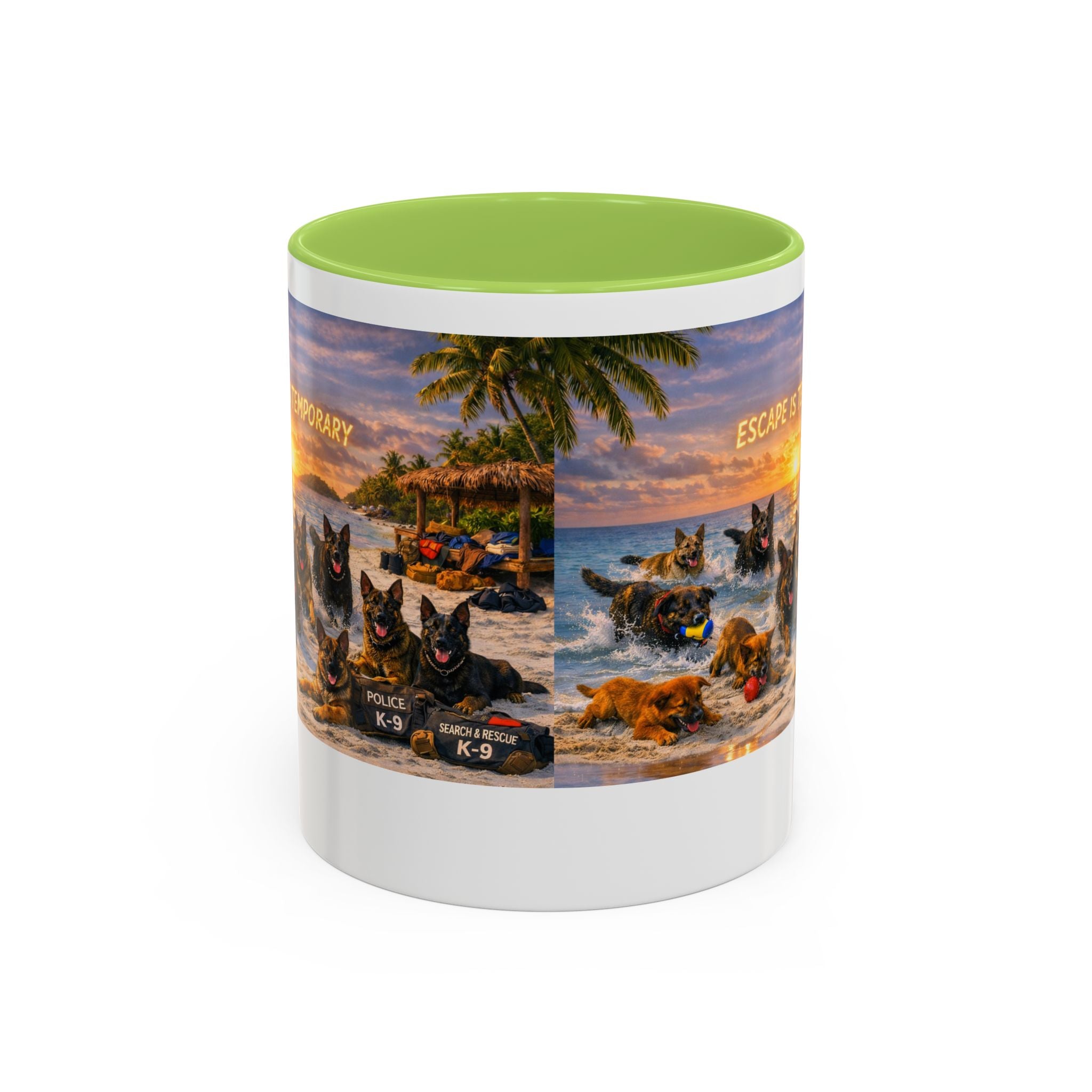 Dutch Shepherd Beach Coffee Mug — "Escape Is Temporary" Accent Mug (11/15oz)