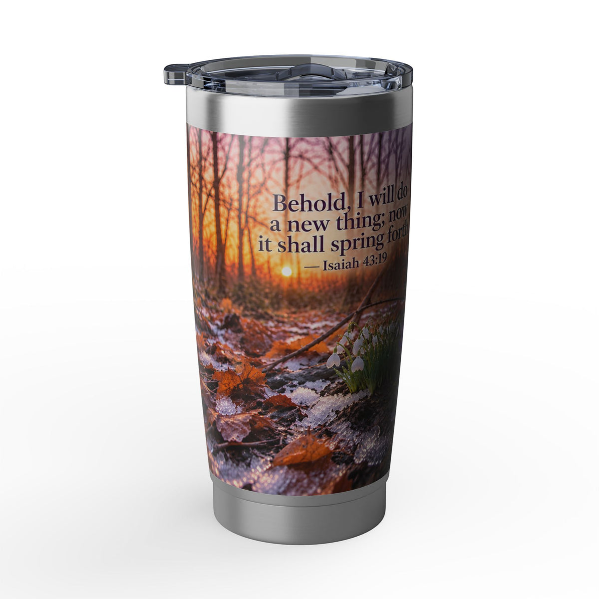 Vagabond 20oz Tumbler — Forest Scripture Sunrise Travel Mug with Inspirational Scripture