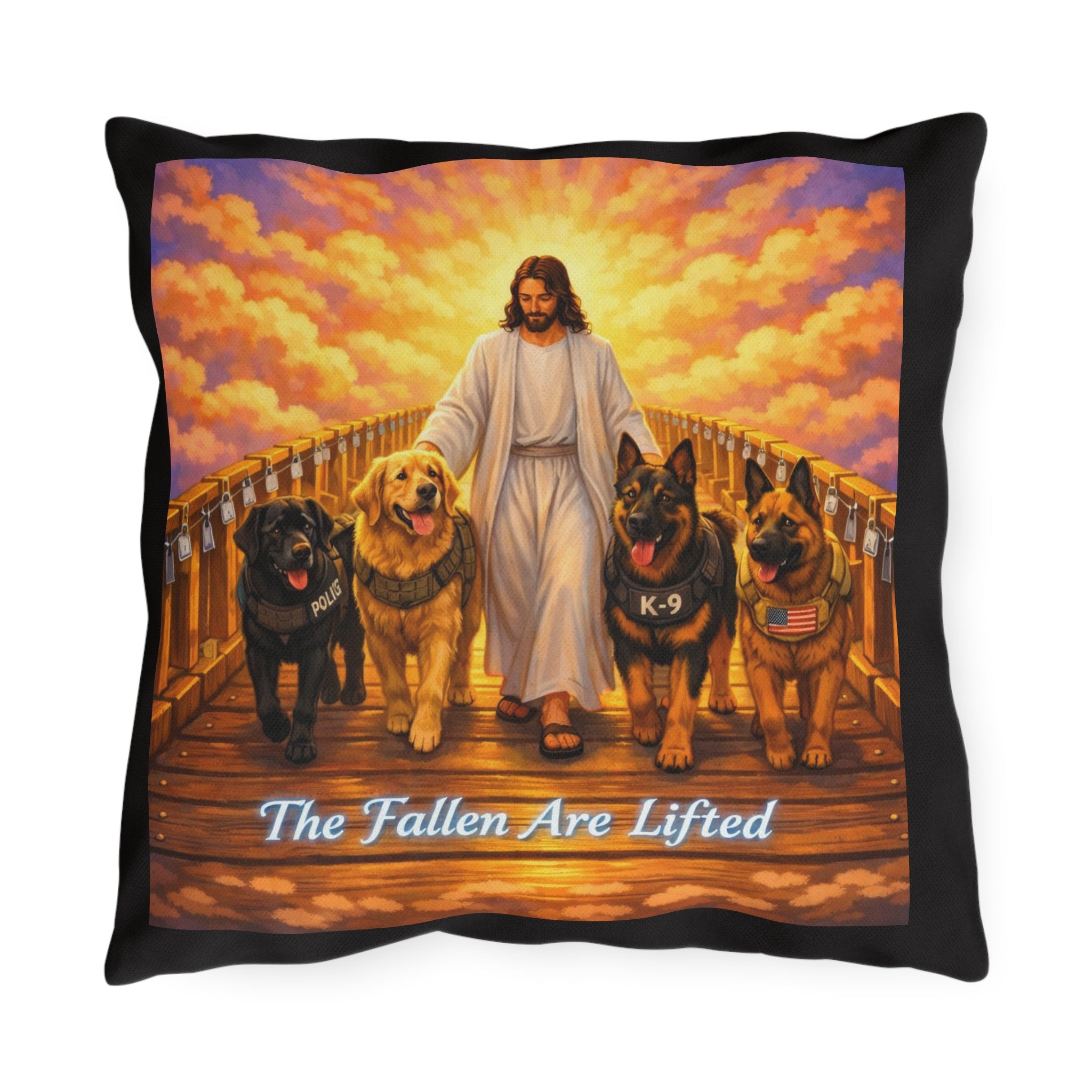 Christian Memorial Outdoor Pillow – “The Fallen Are Lifted” K-9 Tribute