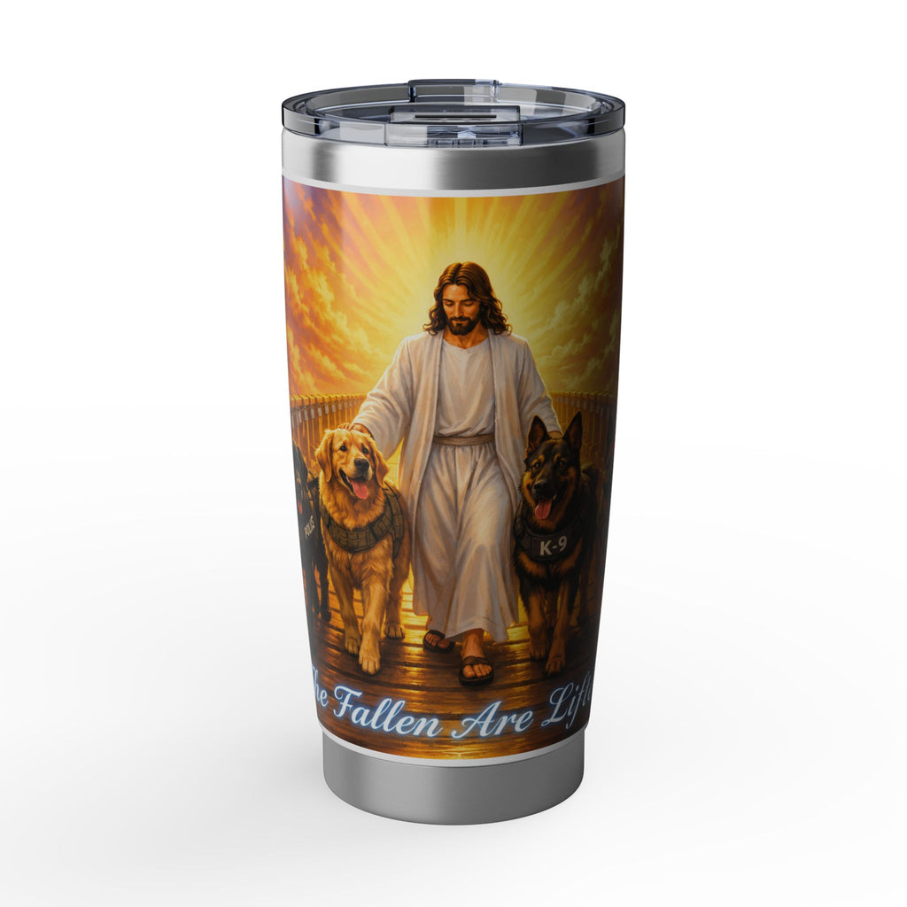 Christian Guardian Dog Tumbler — "Fallen Are Loved" 20oz Travel Mug