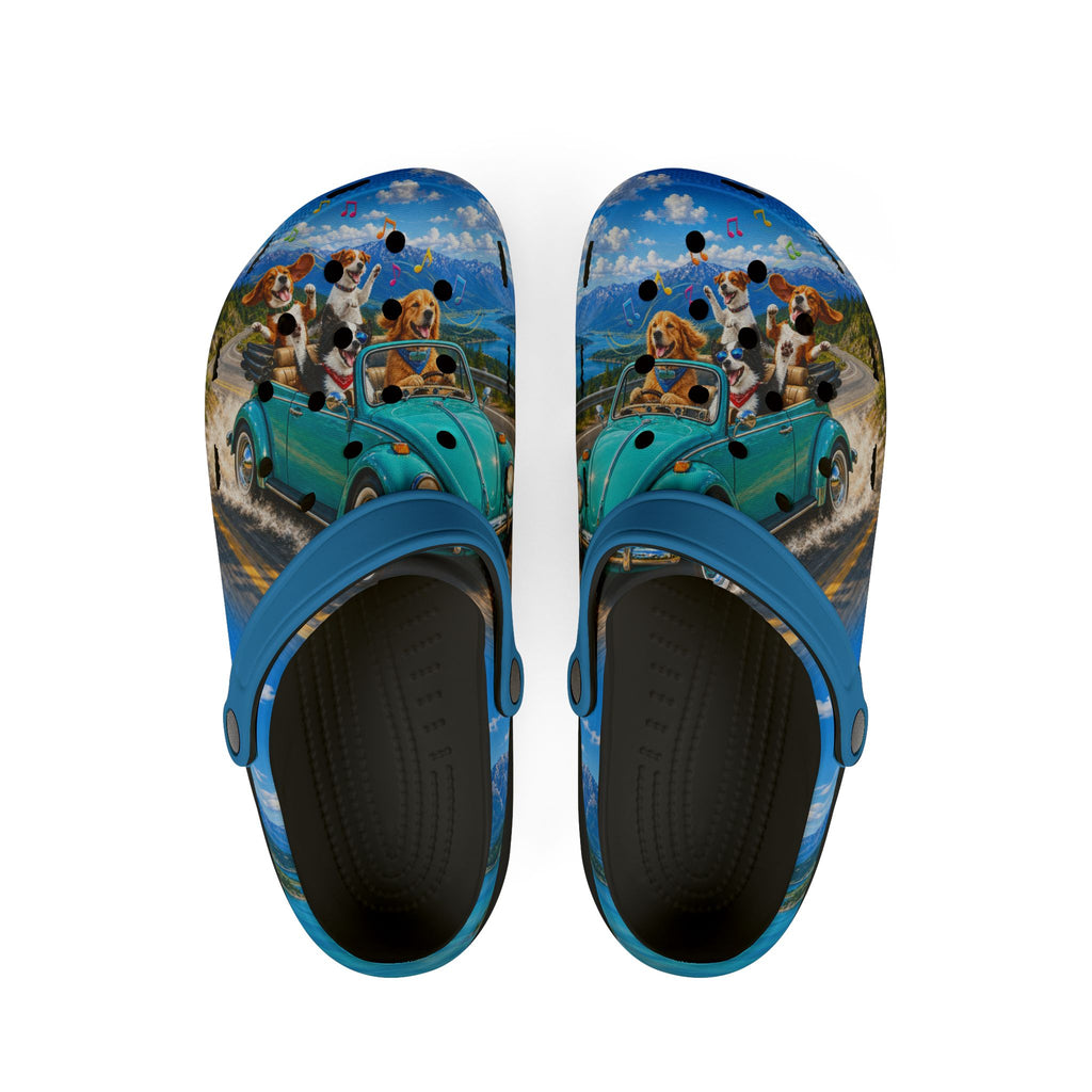 Dogs Beach Road Trip Print Clogs — EVA Foam Slip-On Shoes