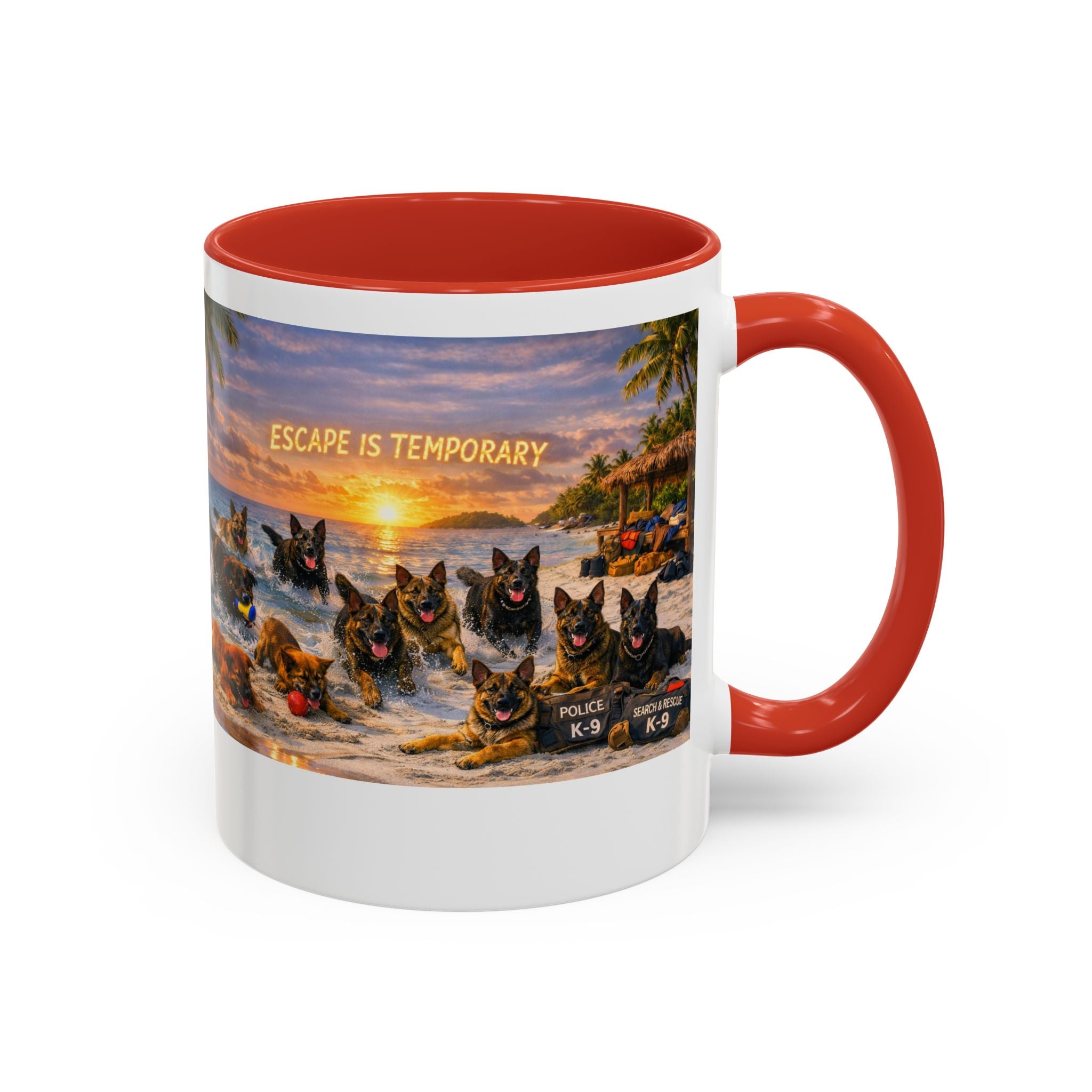 Dutch Shepherd Beach Coffee Mug — "Escape Is Temporary" Accent Mug (11/15oz)