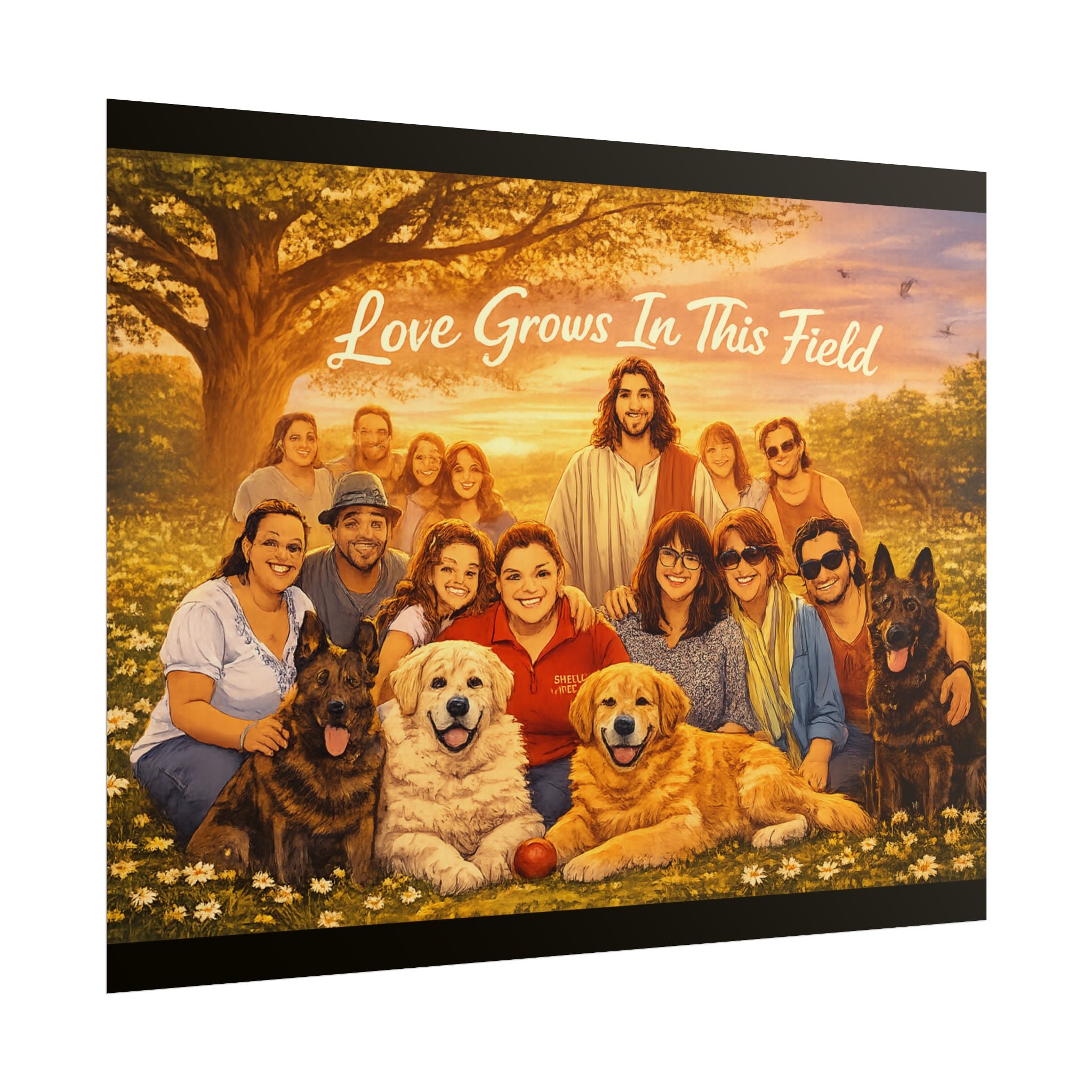 Rolled Poster — "Love Grows In This Field" Christian Jesus Family & Pets Wall Art