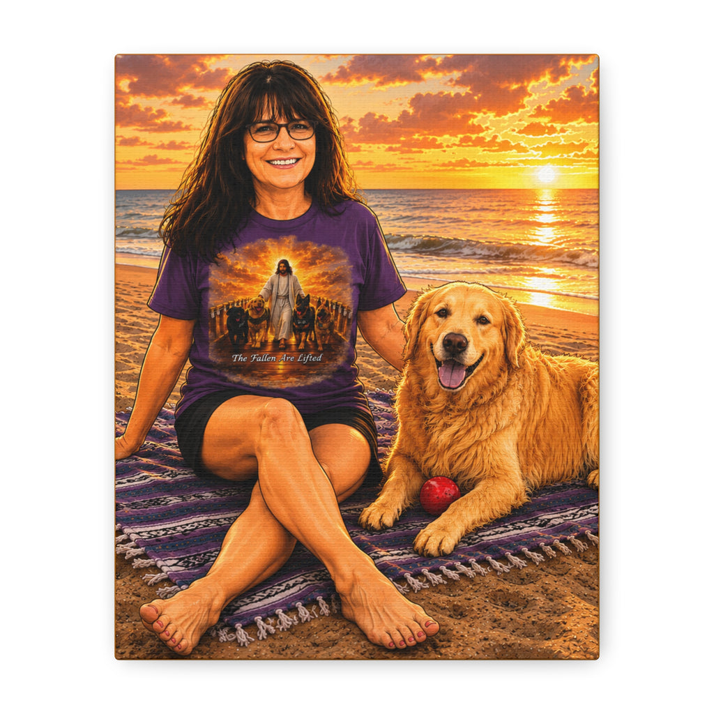 Sunset Beach Portrait Canvas — Women and Golden Retriever Photo Canvas