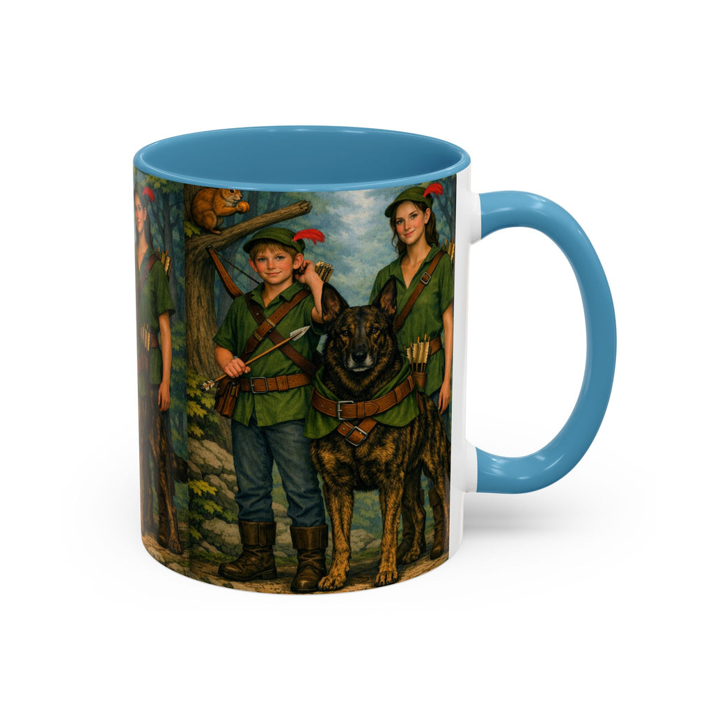Robin Hood Duo &  Dutch Shepherd Dog Coffee Mug – Fantasy Archer Duo Illustration, Gift for Adventure Fans