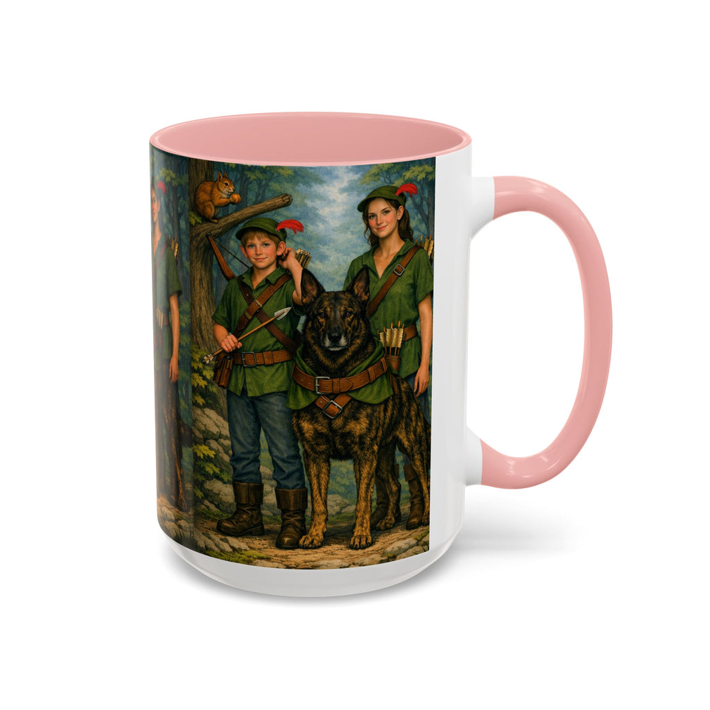 Robin Hood Duo &  Dutch Shepherd Dog Coffee Mug – Fantasy Archer Duo Illustration, Gift for Adventure Fans