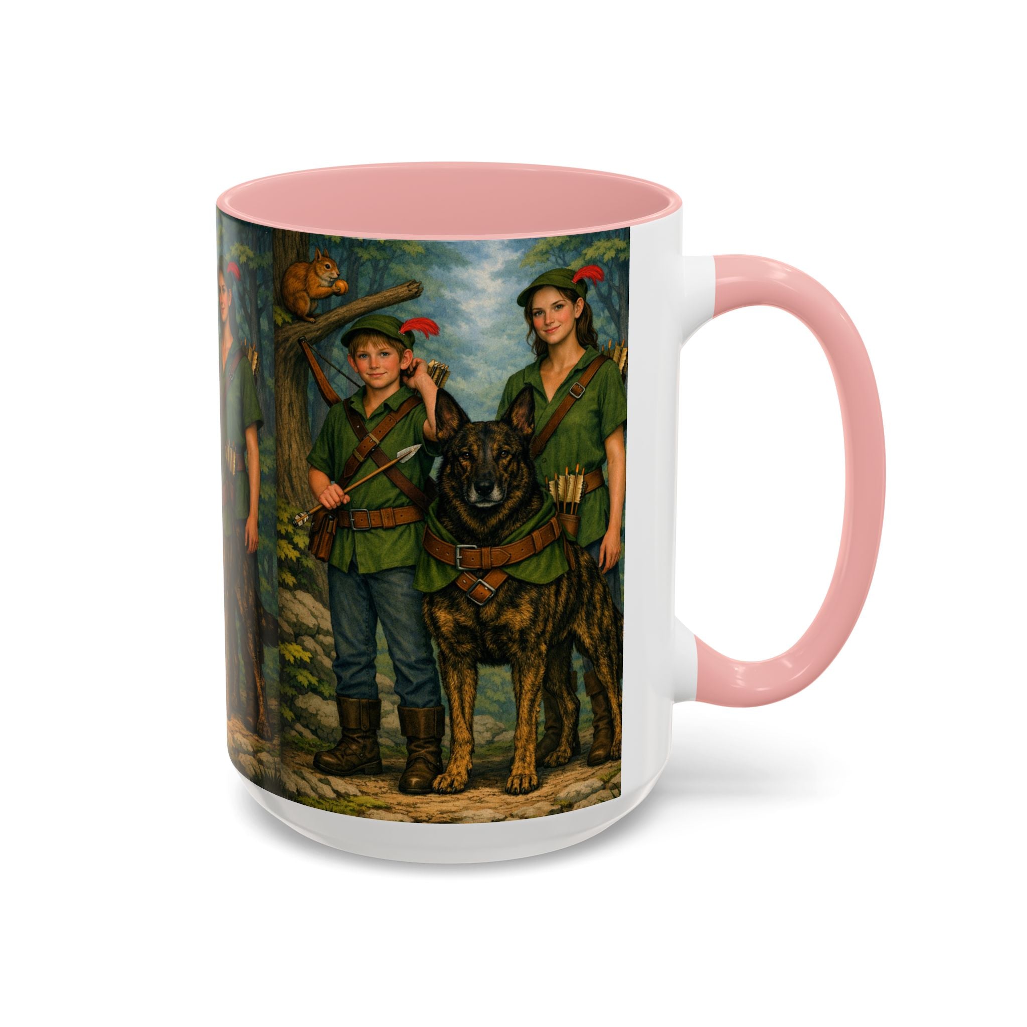 Robin Hood Duo &  Dutch Shepherd Dog Coffee Mug – Fantasy Archer Duo Illustration, Gift for Adventure Fans