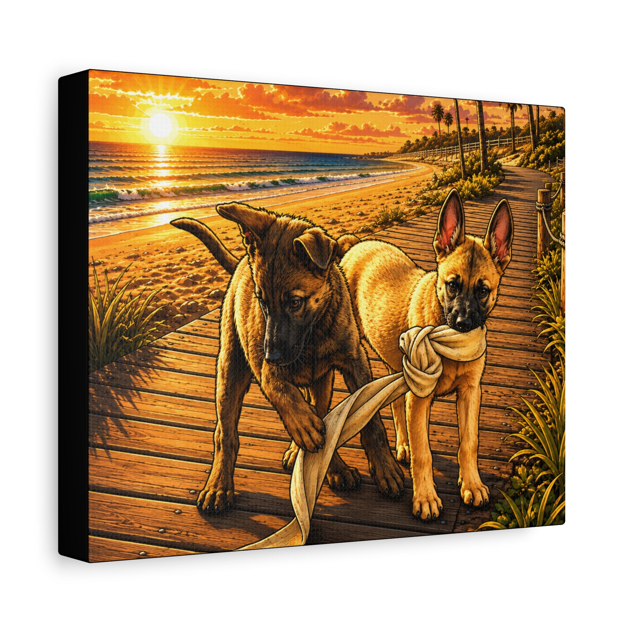 Malinois Puppies Playing on Sunset Beach Canvas