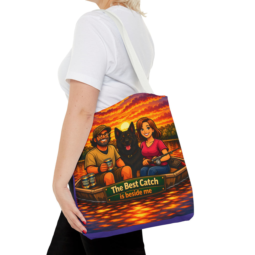 Tote Bag — "The Best Catch Is Beside Me" Fishing Couple & Dog Sunset Tote