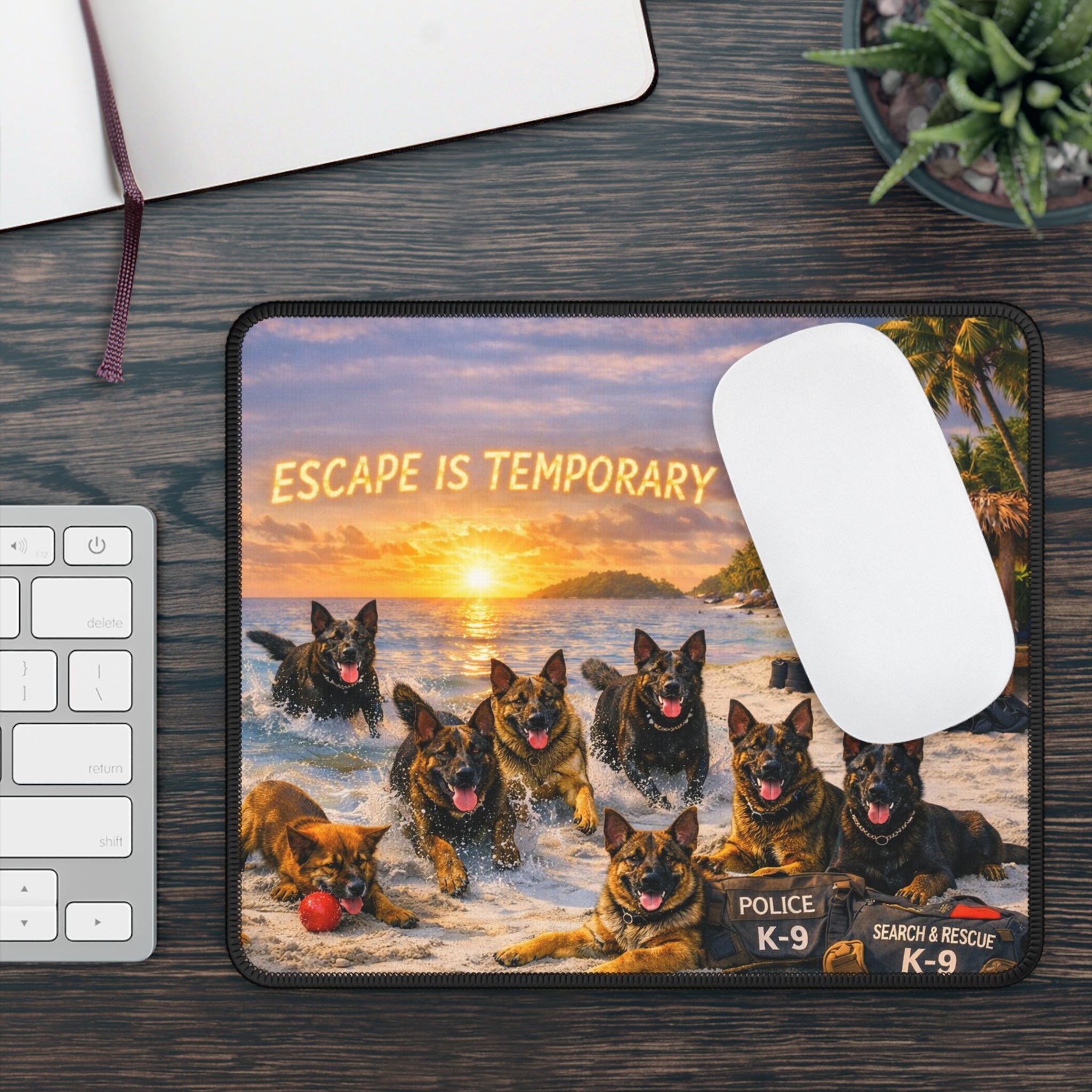 Police K-9 'Escape Is Temporary' Gaming Mouse Pad — Search & Rescue Dutch Shepherds Sunset