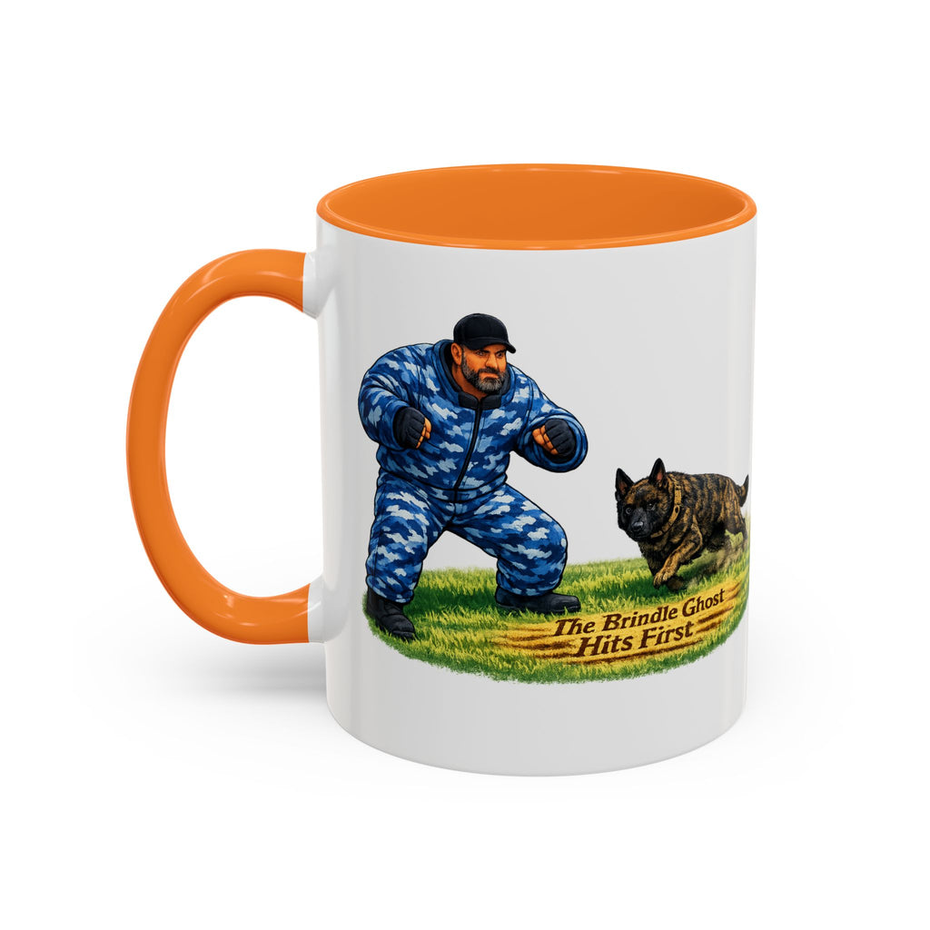 K9 Protection Trainer Mug — “The Brindle Ghost Hits First” Color Accent Coffee Cup (11oz/15oz)