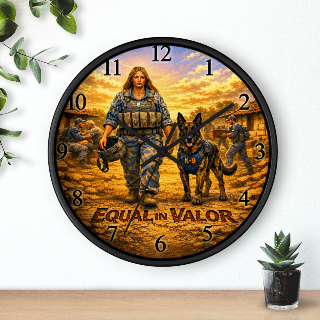 Equal in Valor Military K-9 Tribute Wall Clock —Women Soldier & Service Dog Decor