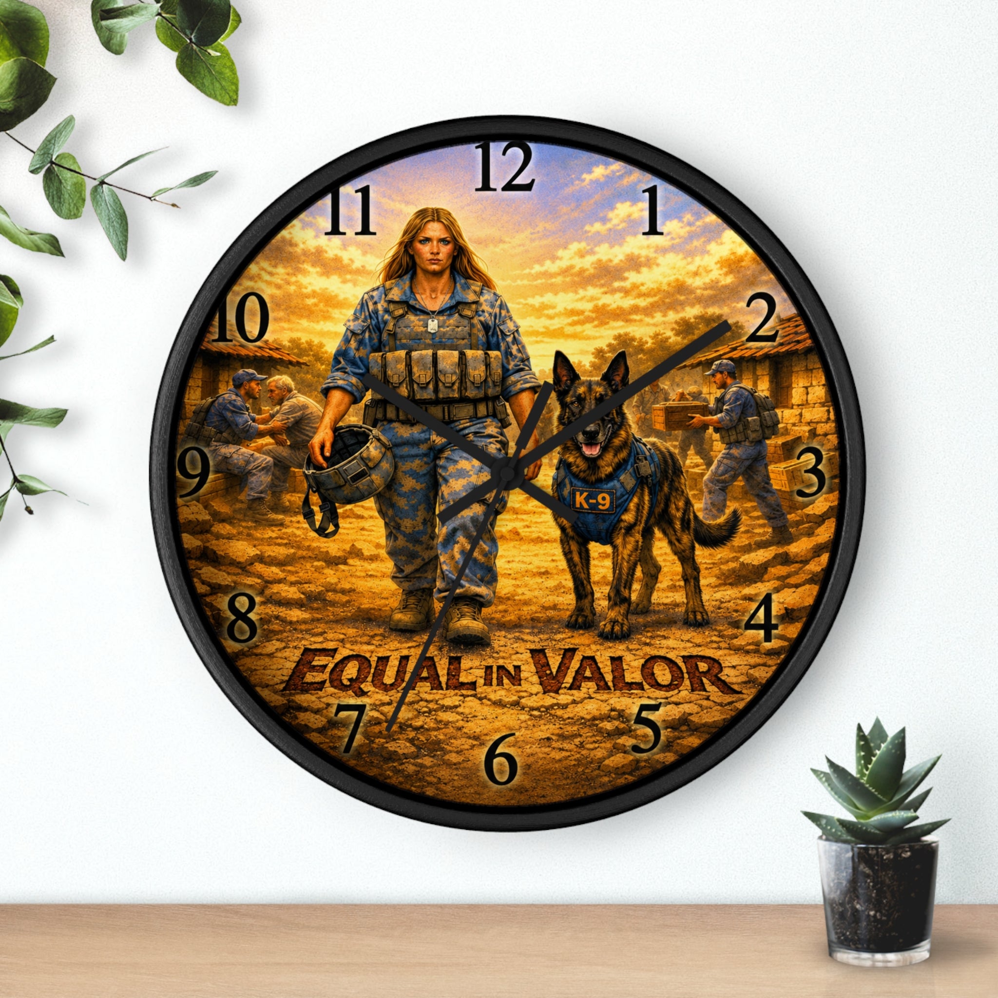 Equal in Valor Military K-9 Tribute Wall Clock —Women Soldier & Service Dog Decor