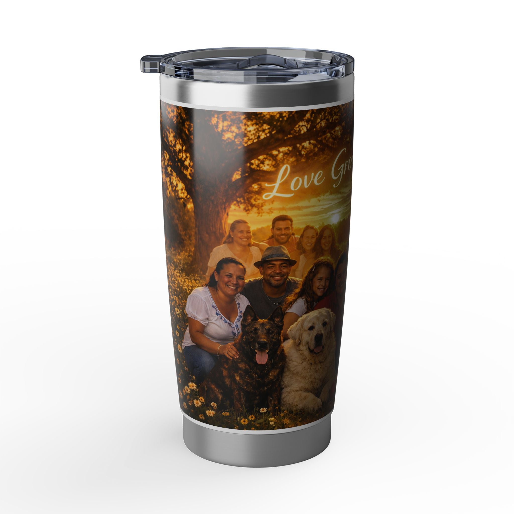 Religious Family Photo 20oz Tumbler — "Love Grows In This" Faith Travel Mug
