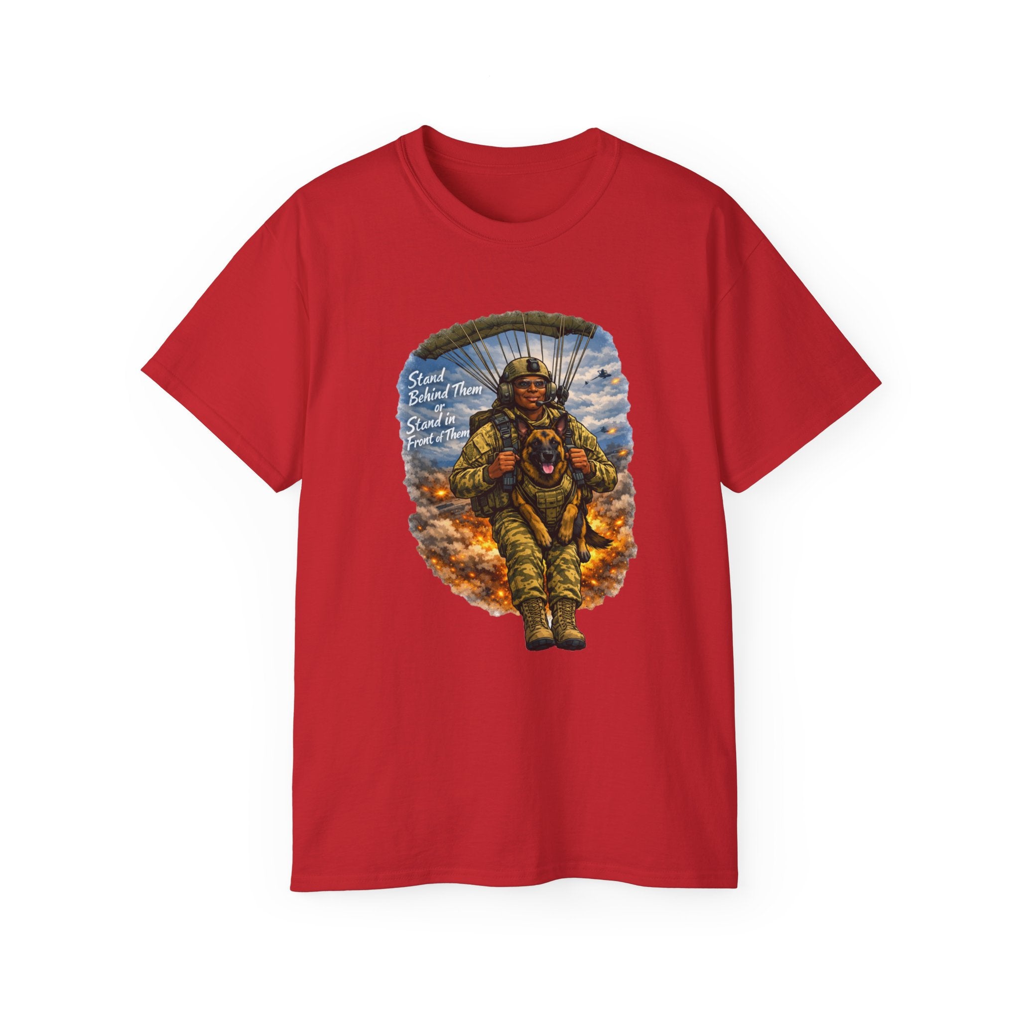 Paratrooper Veteran T‑Shirt – 'Stand Behind Those Who Served' Military Parachute Graphic Tee
