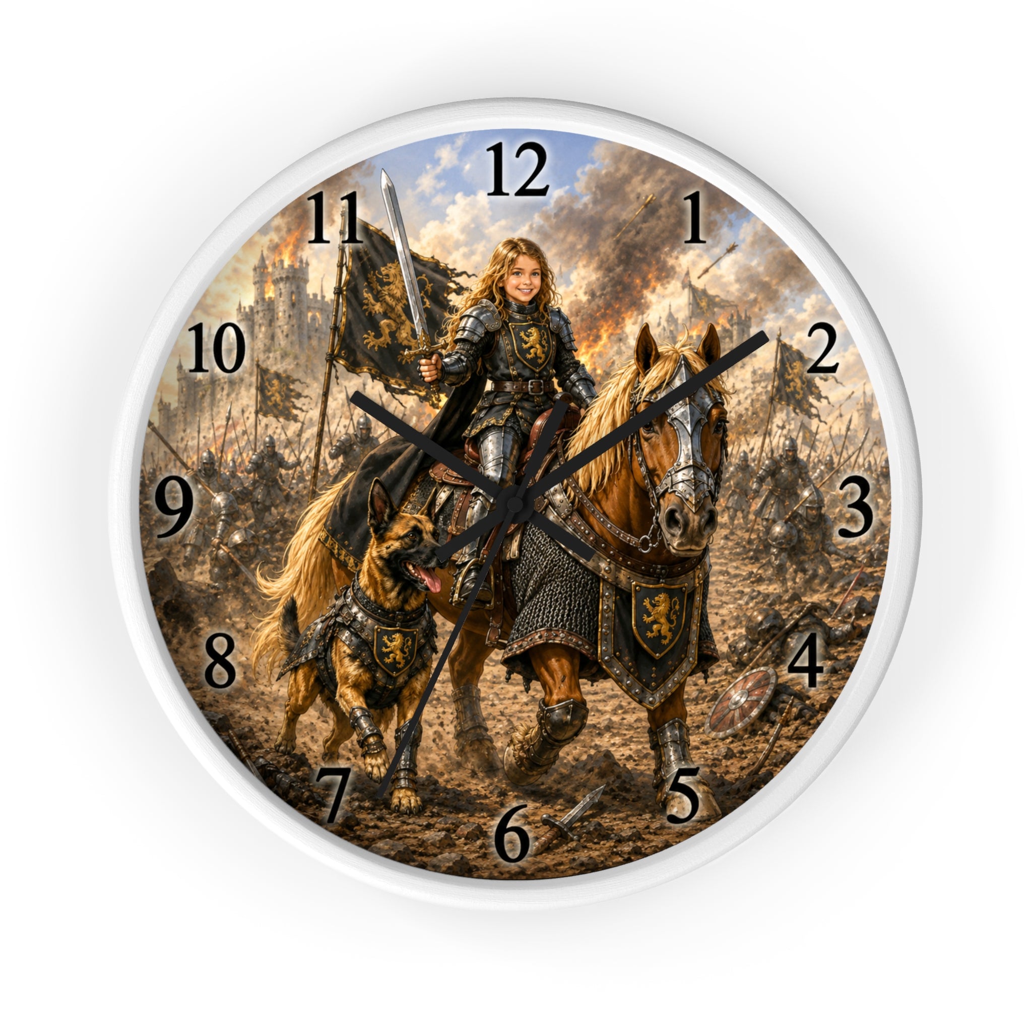 Medieval Knight Wall Clock — Fantasy Horseback Girl Warrior Battle Scene