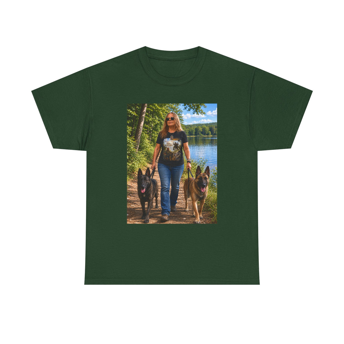 Dog Lover Photo Tee — Woman Walking German Shepherds Lakeside