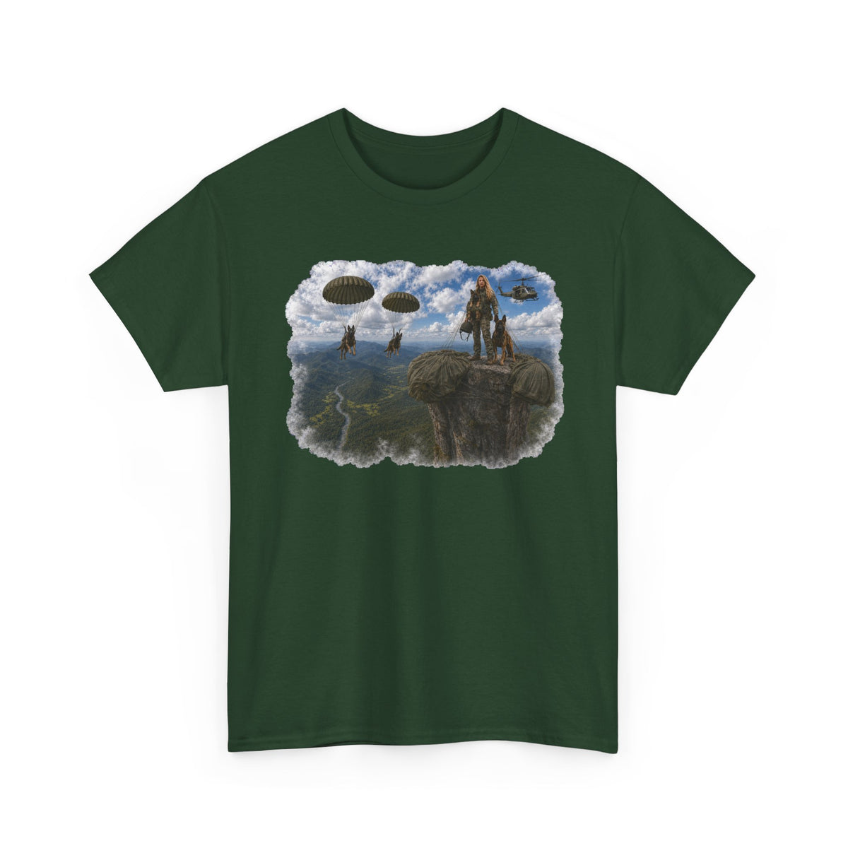 Fantasy Adventure T-Shirt — Warrior on Cliff with Airship Sky Scene