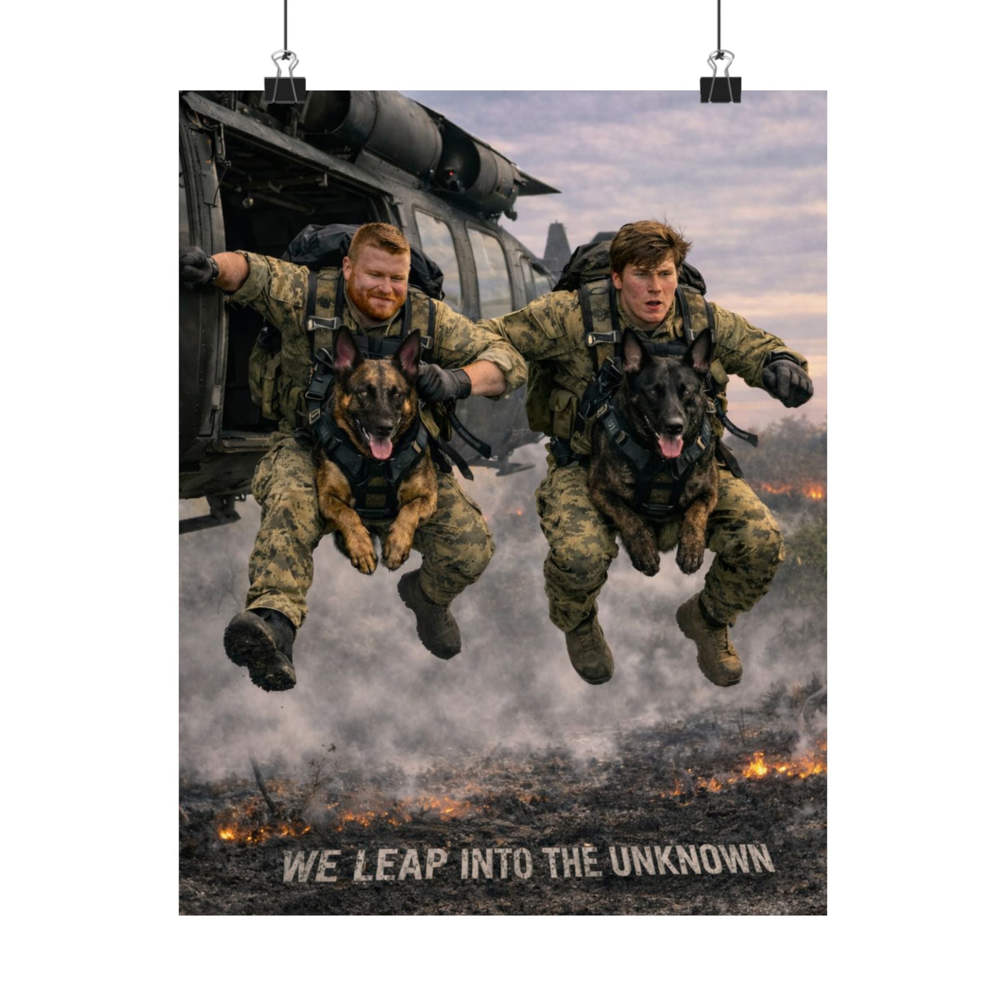 Military Paratroopers K-9 Team Poster — "We Leap Into The Unknown" Satin Print