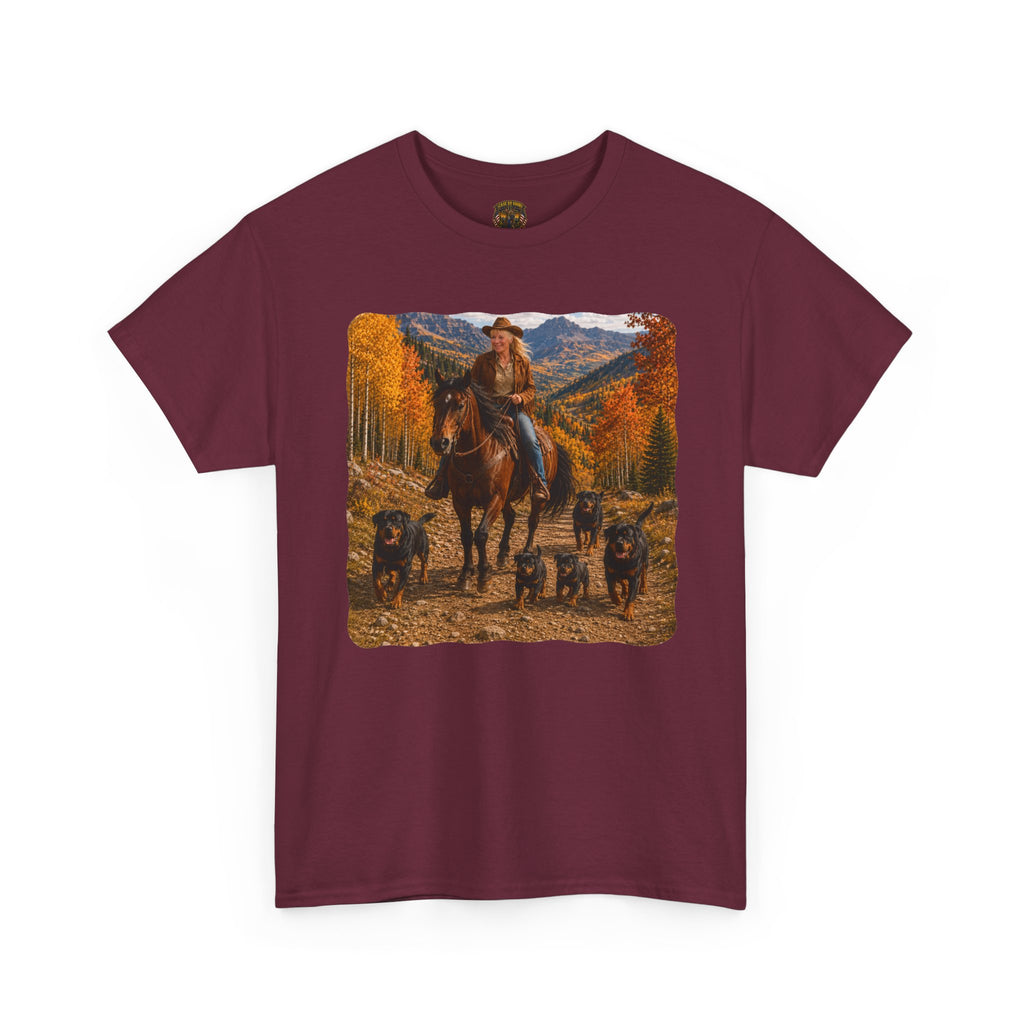 Ruff Riders Cowboy Trail T‑Shirt — Western Rider Scene with Horses & Rottweilers
