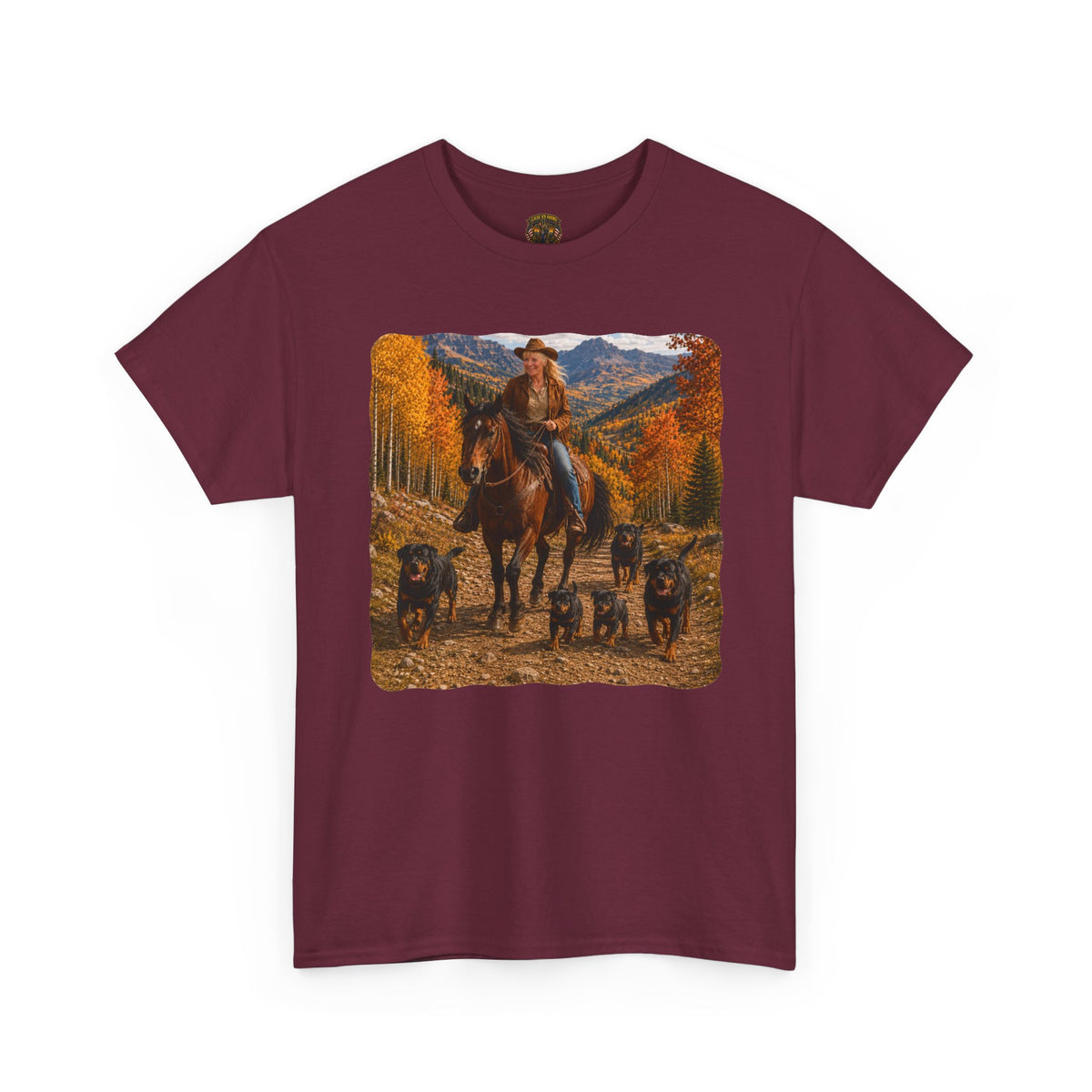 Ruff Riders Cowboy Trail T‑Shirt — Western Rider Scene with Horses & Rottweilers