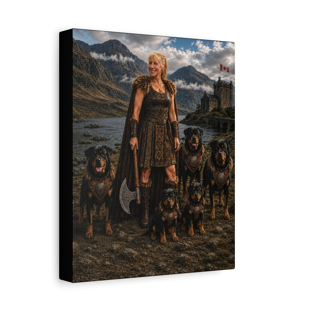 Viking Shieldmaiden Canvas Print — Warrior Woman with Armored Rottweilers