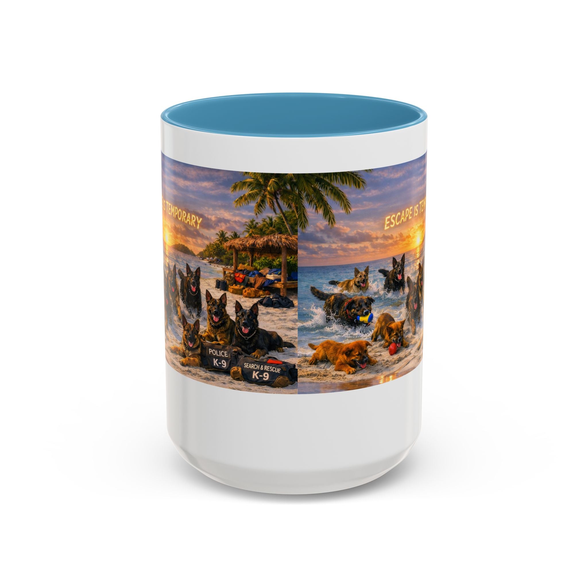 Dutch Shepherd Beach Coffee Mug — "Escape Is Temporary" Accent Mug (11/15oz)