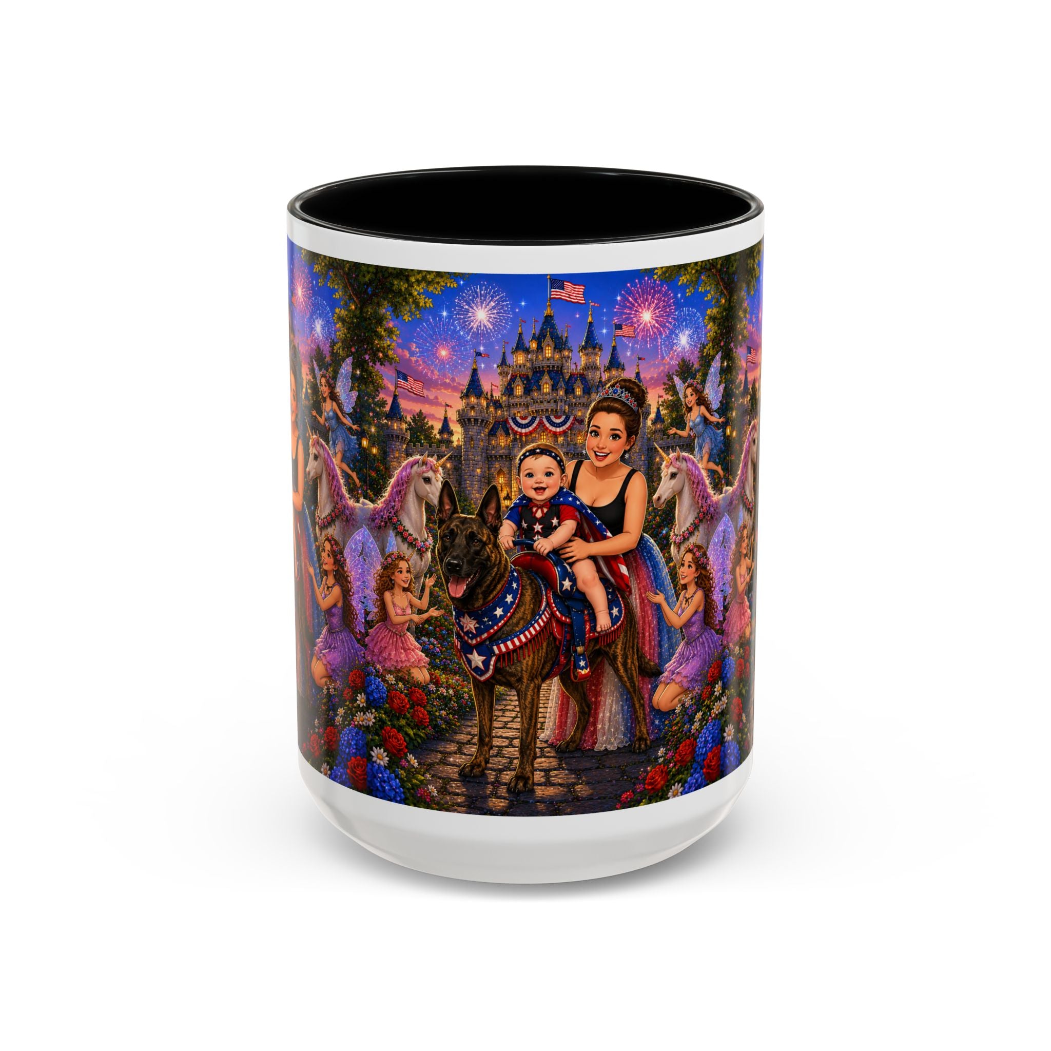 Patriotic Fairy Tale Coffee Mug — Family Castle, Fireworks & Unicorns