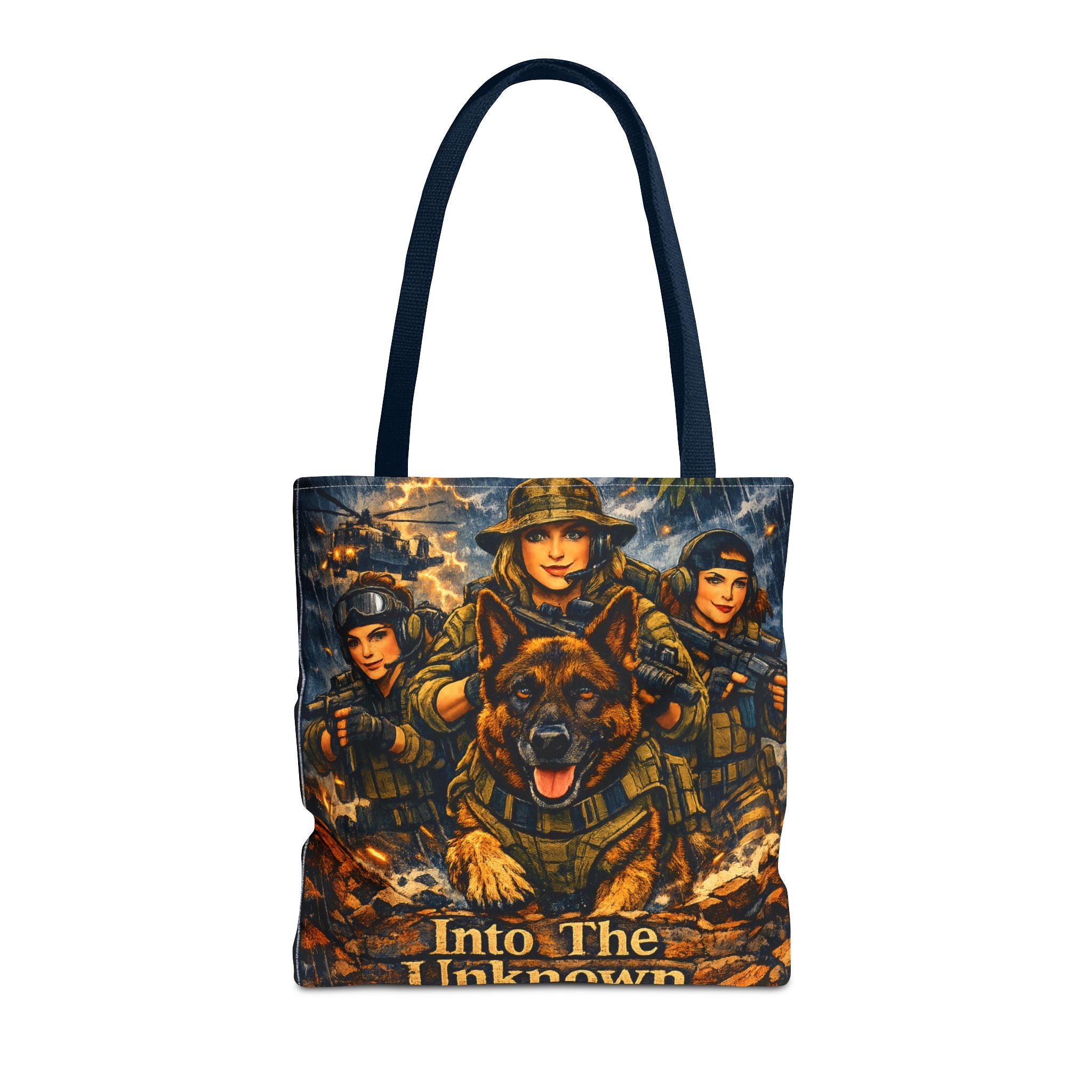 Military K9 Tote Bag — "Into The Unknown" Tactical Dog & Soldier Print
