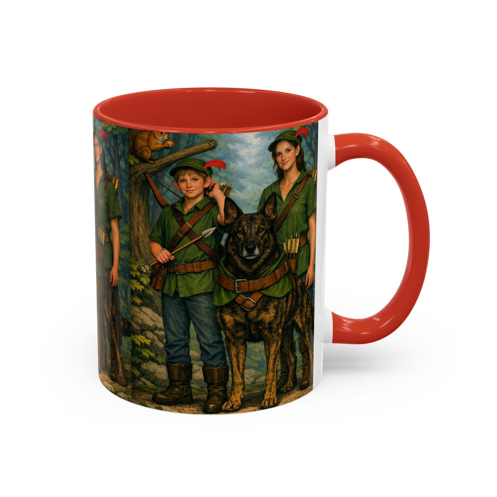 Robin Hood Duo &  Dutch Shepherd Dog Coffee Mug – Fantasy Archer Duo Illustration, Gift for Adventure Fans