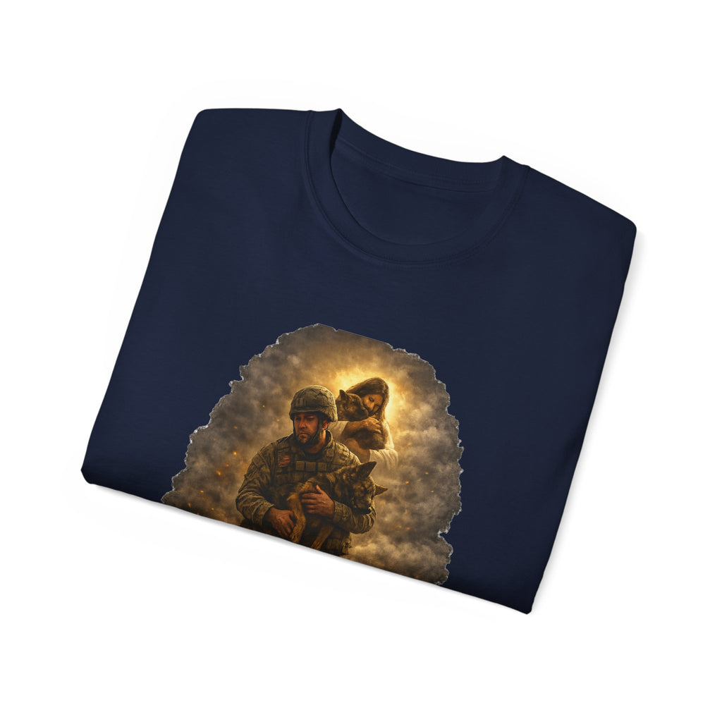 T-Shirt — "A Soldier's Last Goodbye and a Savior's First Embrace" Patriotic Military Tribute