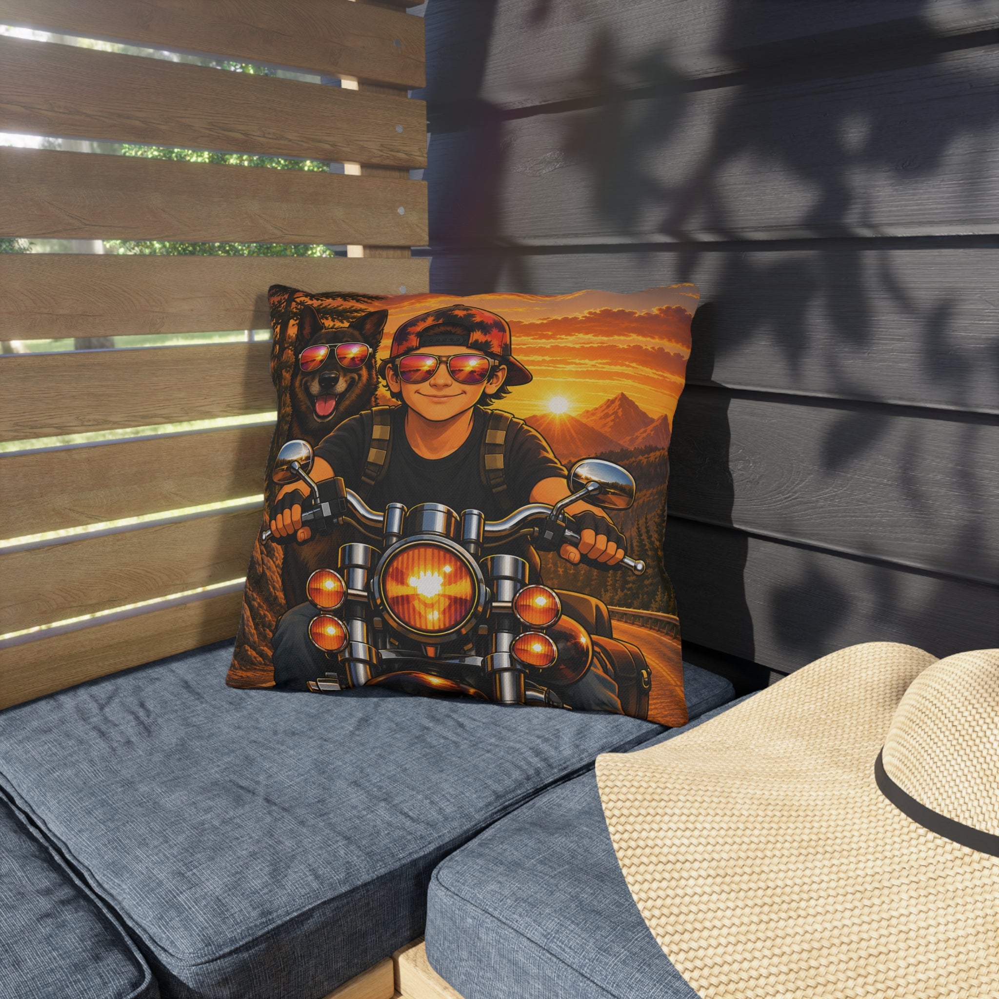 Making Memories Motorcycle Outdoor Pillow – Rider & Dog Sunset Adventure