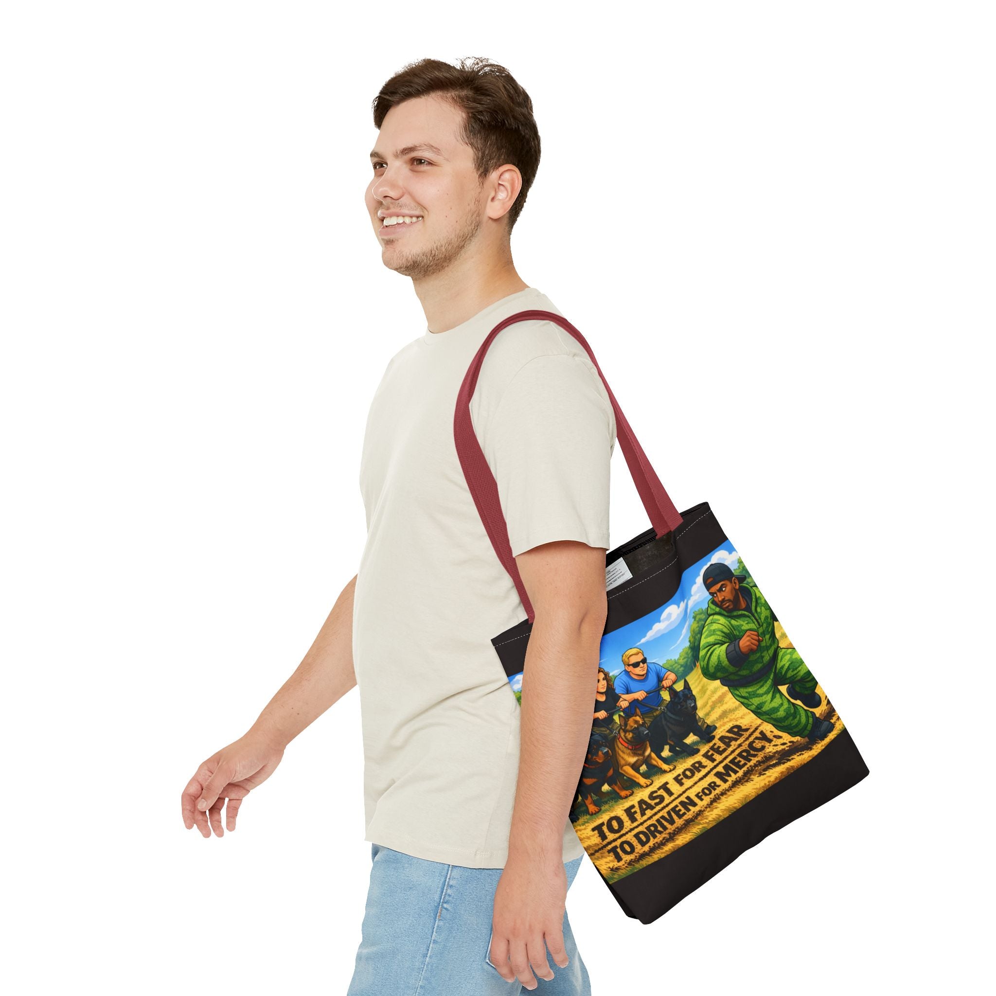 Tote Bag — "Too Fast for Fear, Too Driven for Mercy" K9 Handler Illustration