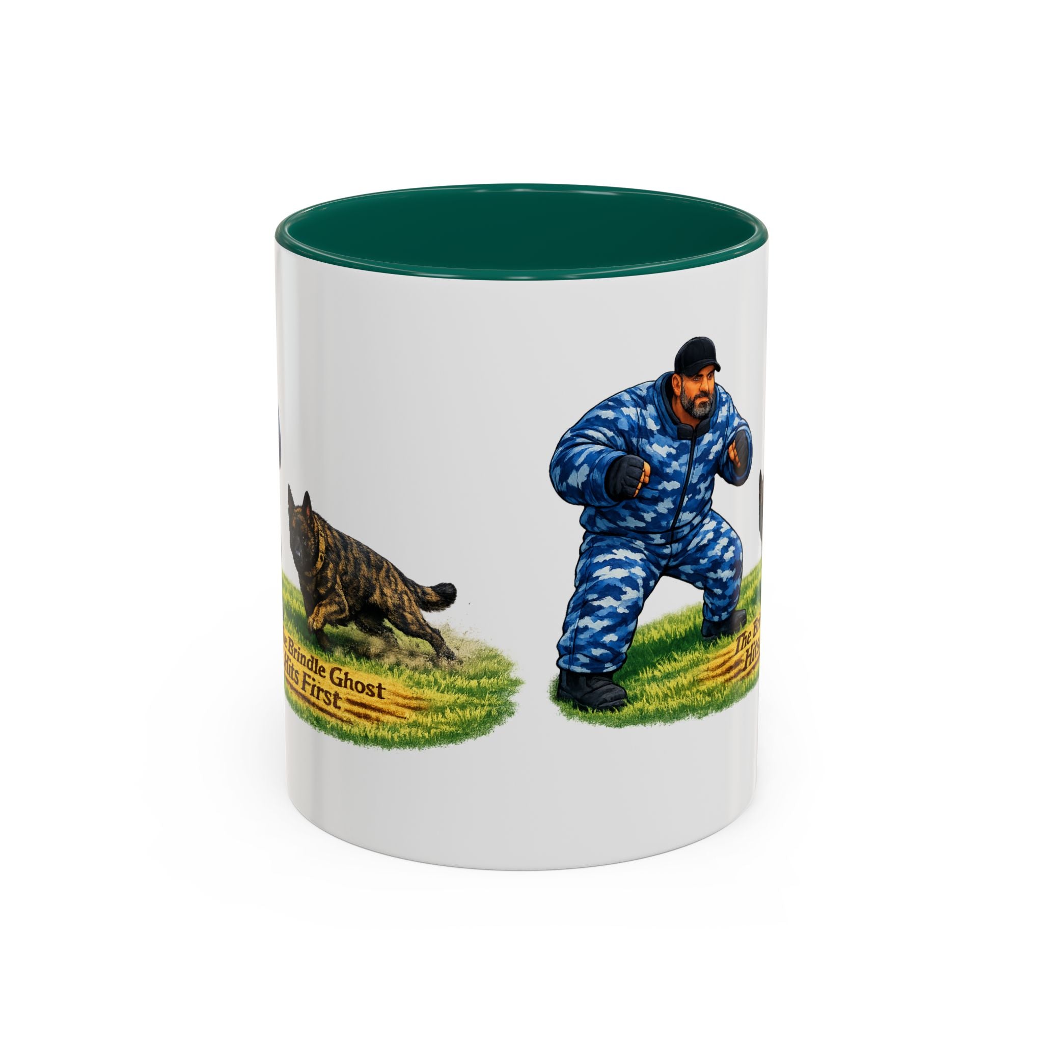 K9 Protection Trainer Mug — “The Brindle Ghost Hits First” Color Accent Coffee Cup (11oz/15oz)