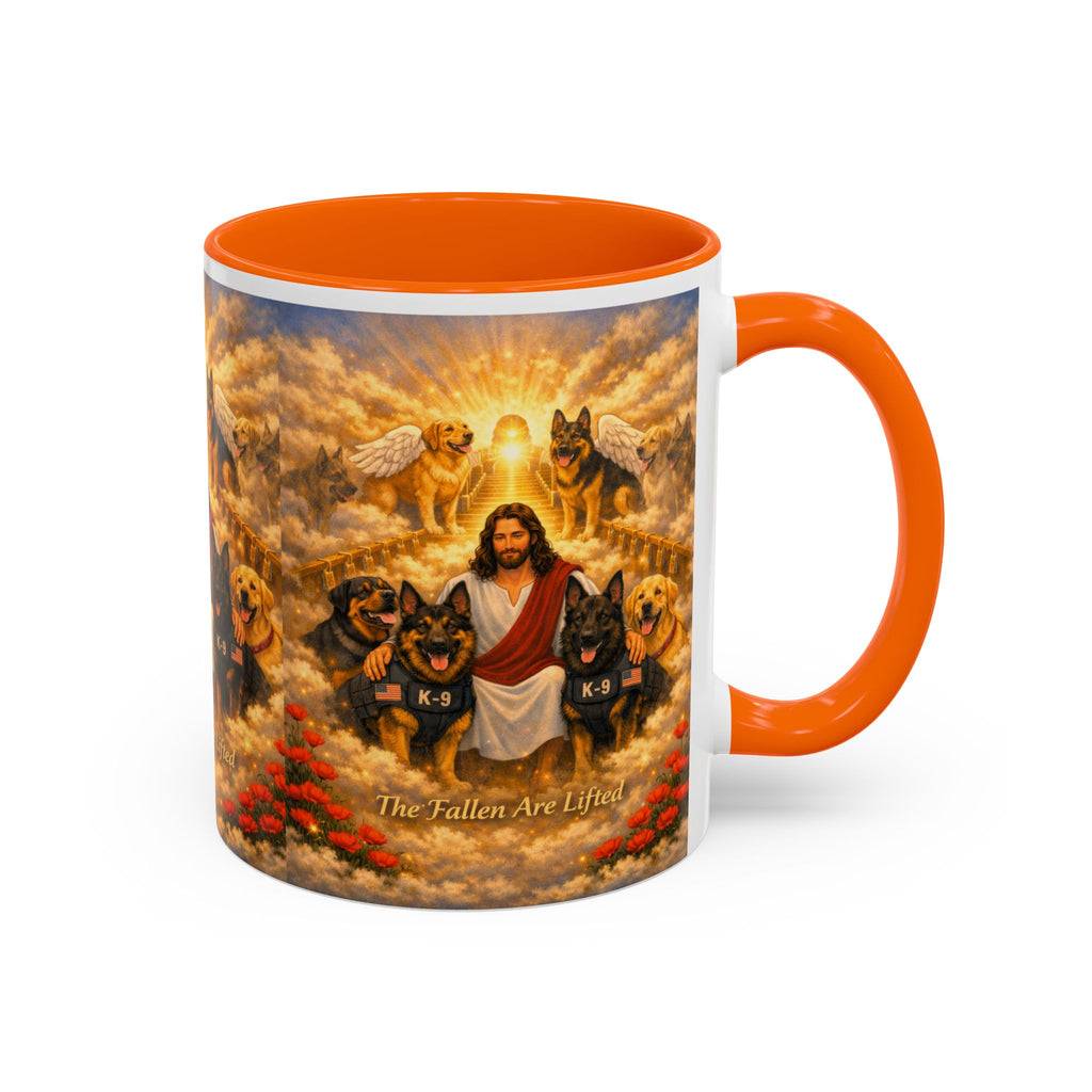 Christian Dog Memorial Coffee Mug — “The Fallen Are Lifted” Accent 11/15oz