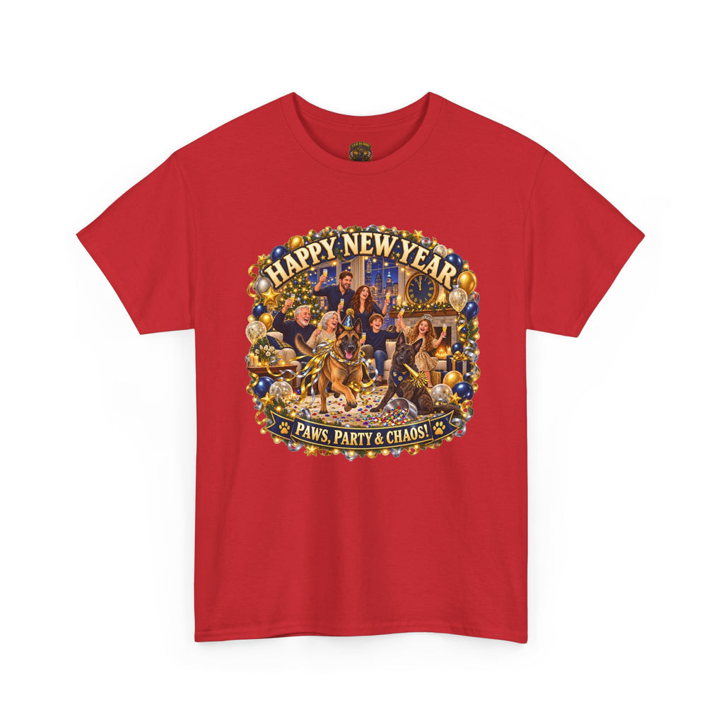 Happy New Year Party T-Shirt — "Paws, Party & Chaos" Malinois K-9 Celebration Tee