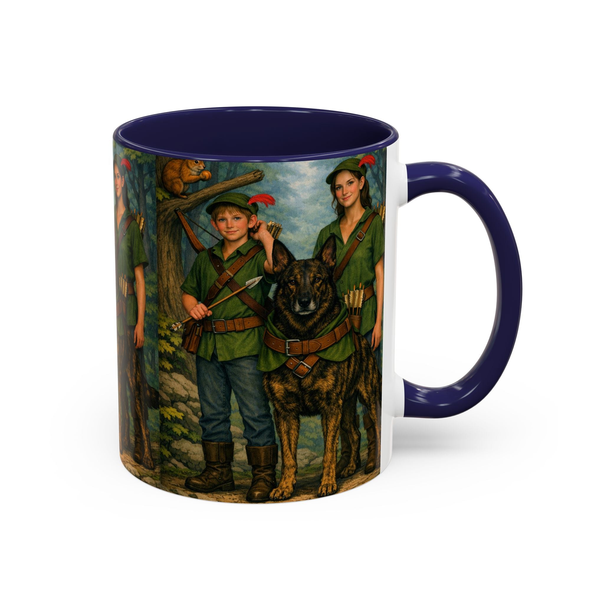 Robin Hood Duo &  Dutch Shepherd Dog Coffee Mug – Fantasy Archer Duo Illustration, Gift for Adventure Fans