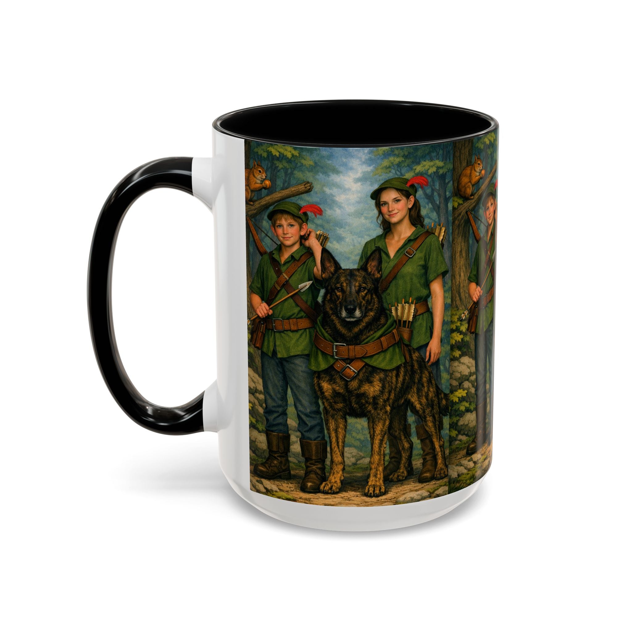 Robin Hood Duo &  Dutch Shepherd Dog Coffee Mug – Fantasy Archer Duo Illustration, Gift for Adventure Fans